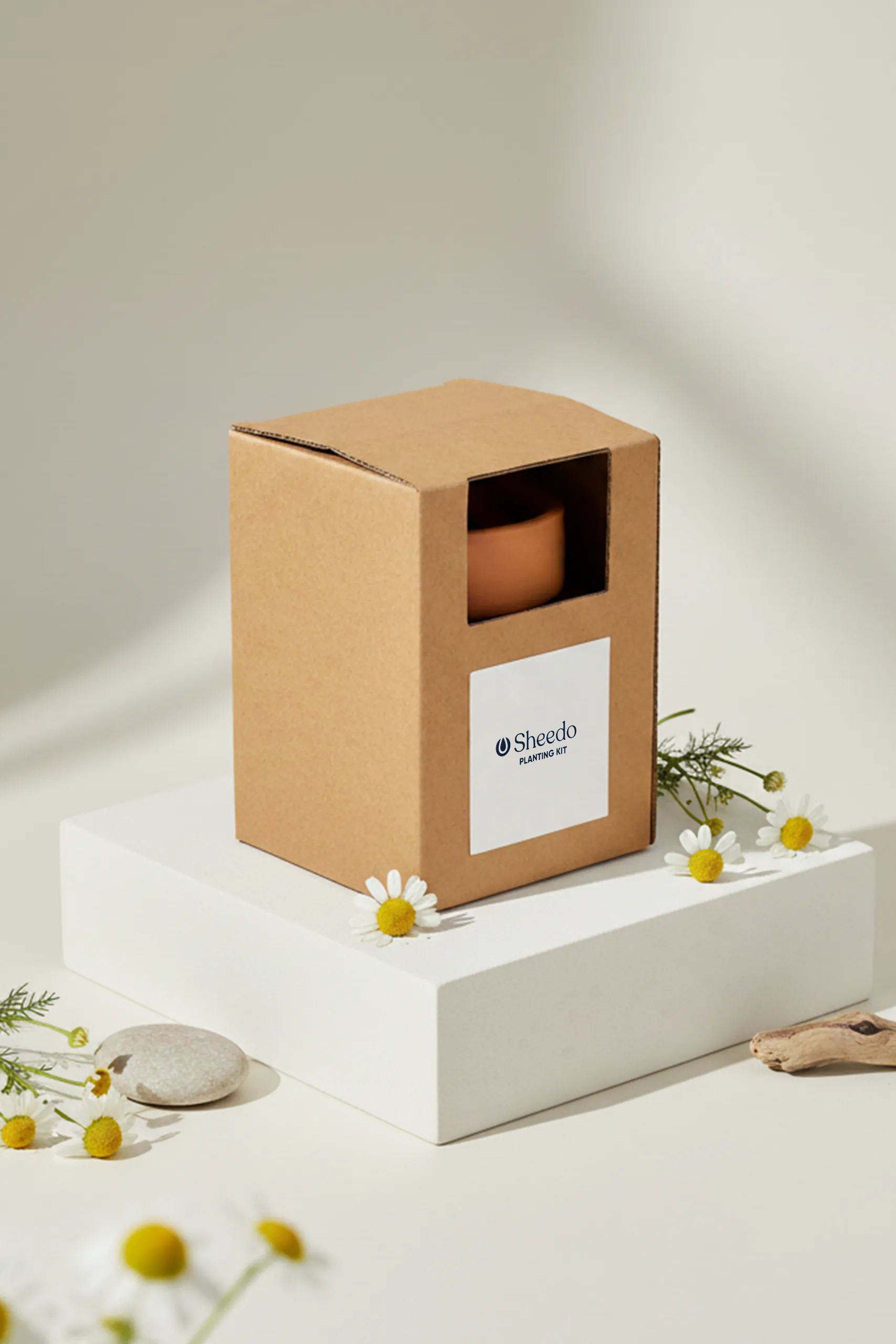 Kit plantable de barro dentro de una caja de cartón kraft y una pegatina blanca personalizada, junto a flores de margaritas
