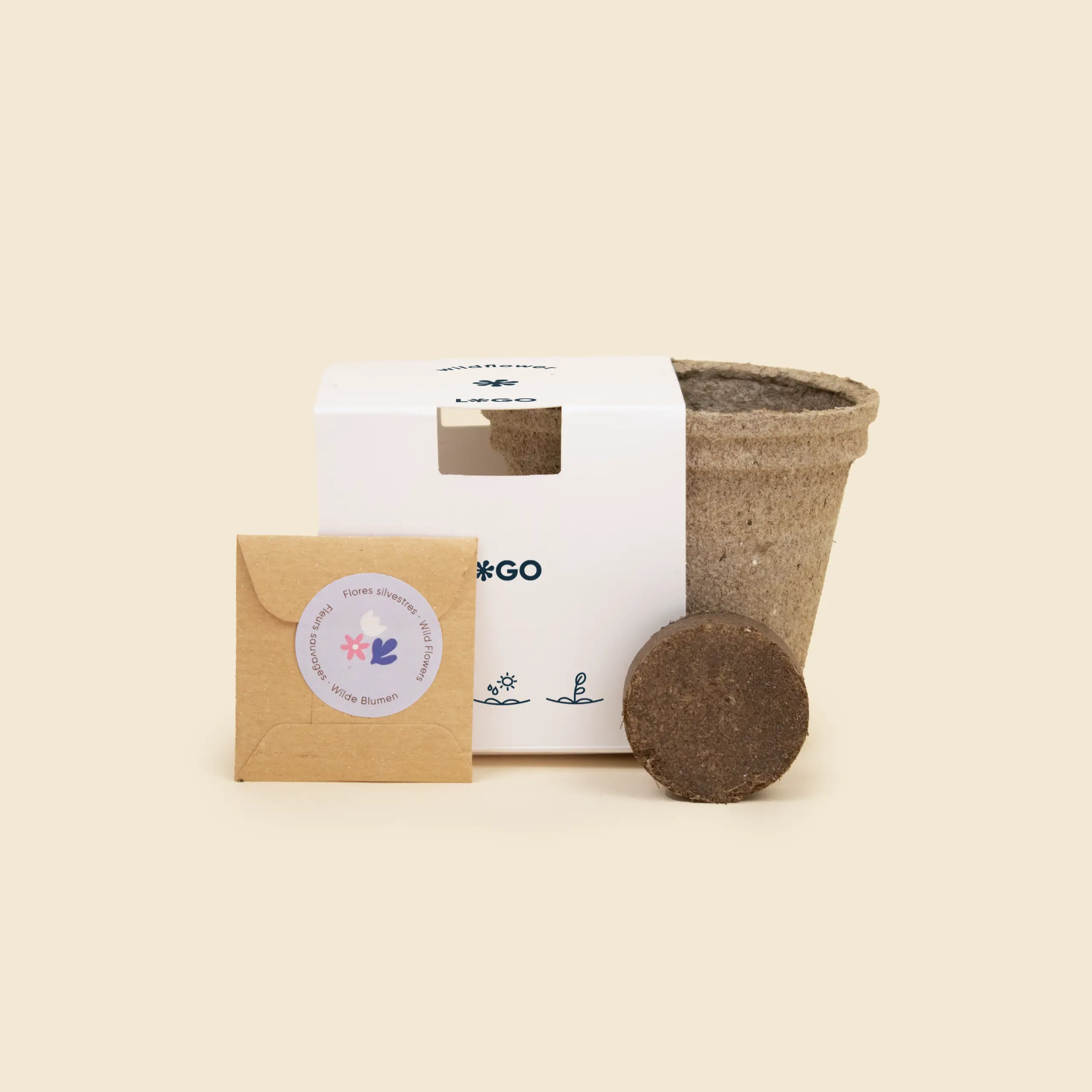Kit plantable de fibra de coco con una faja de cartón blanco personalizada, un sobre de semillas y una pastillas de tierra deshidratada