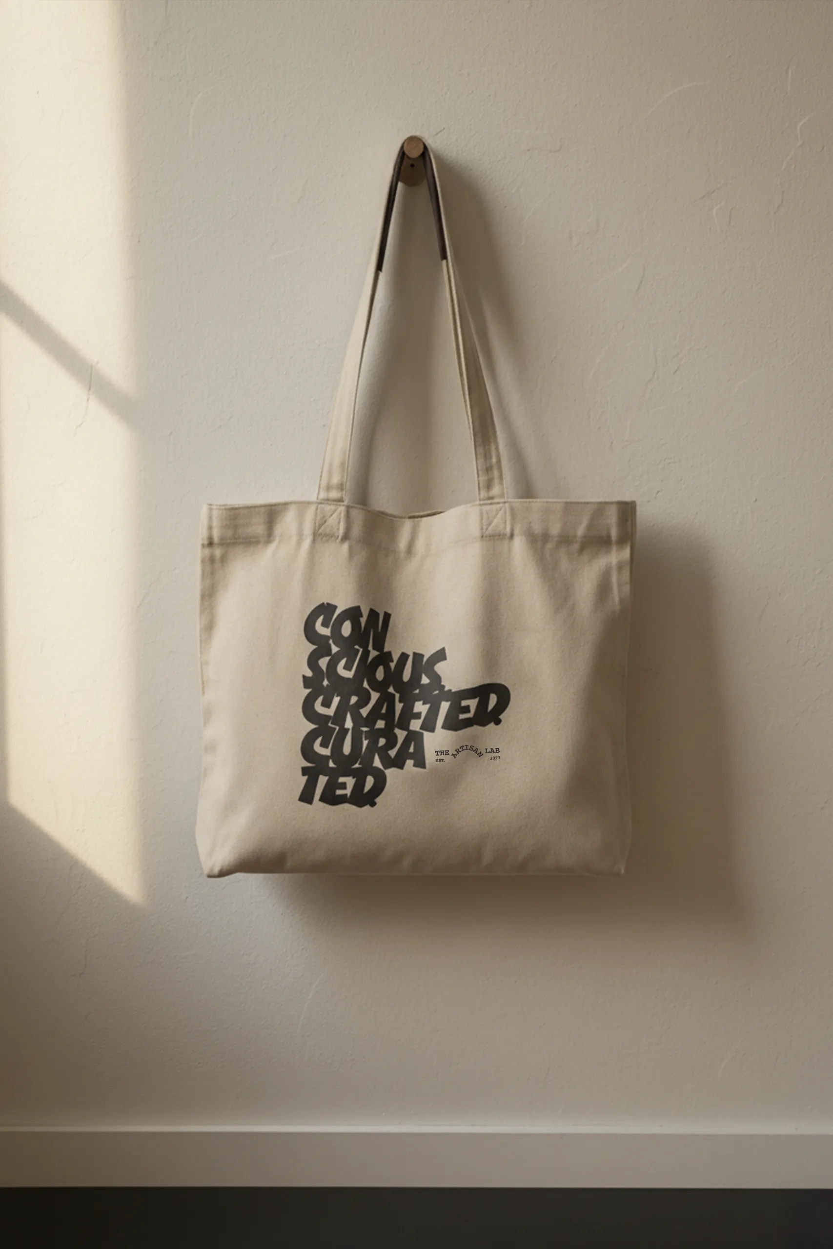 Bolsa tote beige colgada de la pared, personalizada para la marca The Artisan Lab