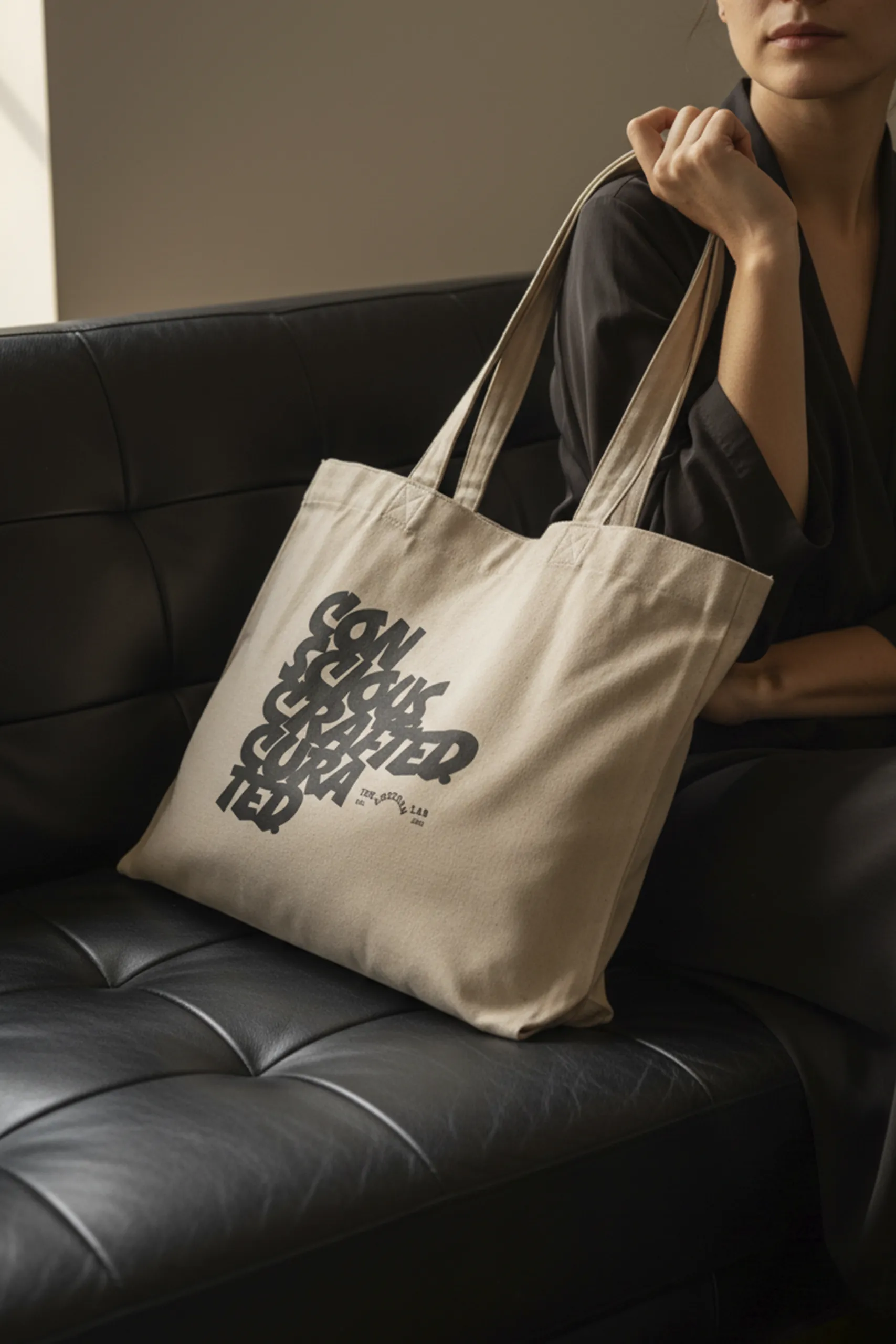 Chica sentada en un sofa negro con una bolsa tote beige, personalizada para la marca The Artisan Lab