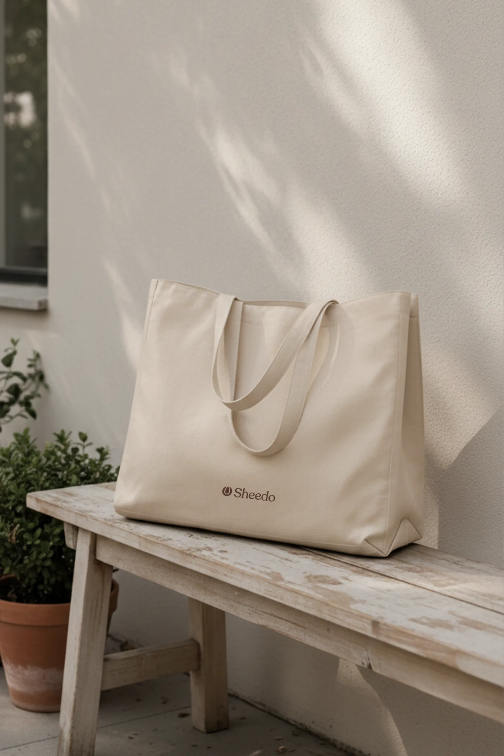 Bolsa de algodón reciclado personalizada con logo apoyada en un banco de madera en una casa