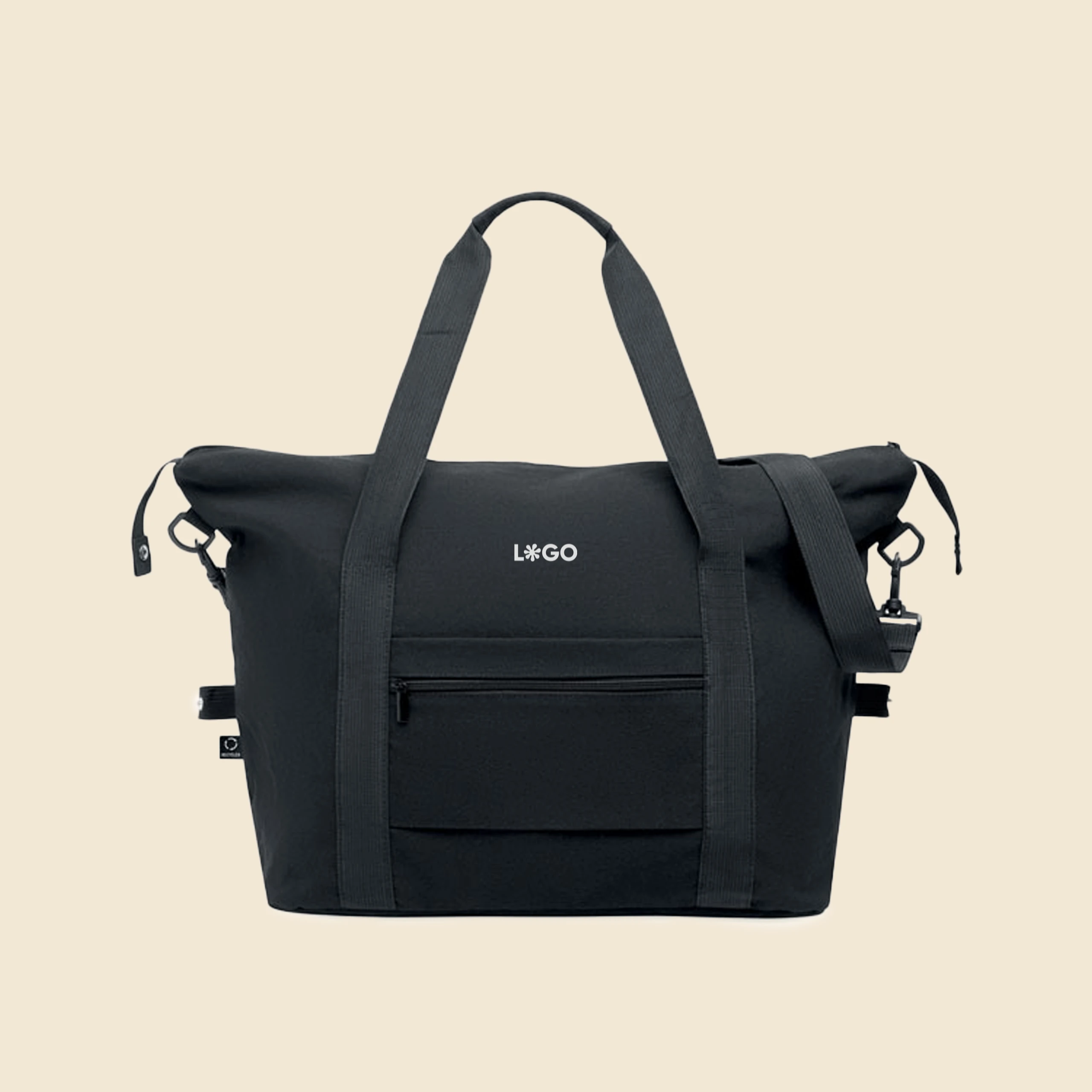 Bolsa de viaje negra personalizada con la palabra 'logo' en blanco