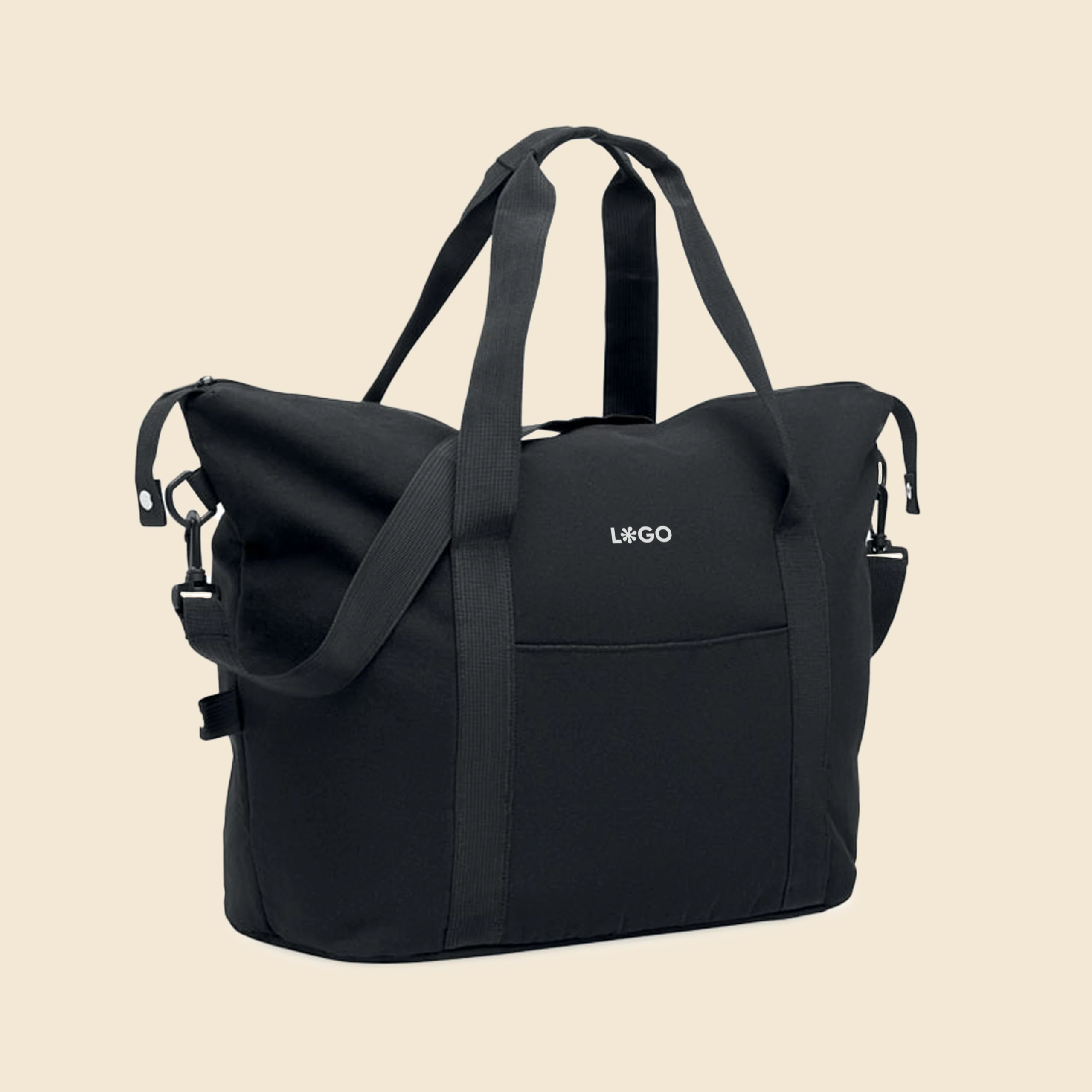 Bolsa de viaje negra personalizada con la palabra 'logo' en blanco