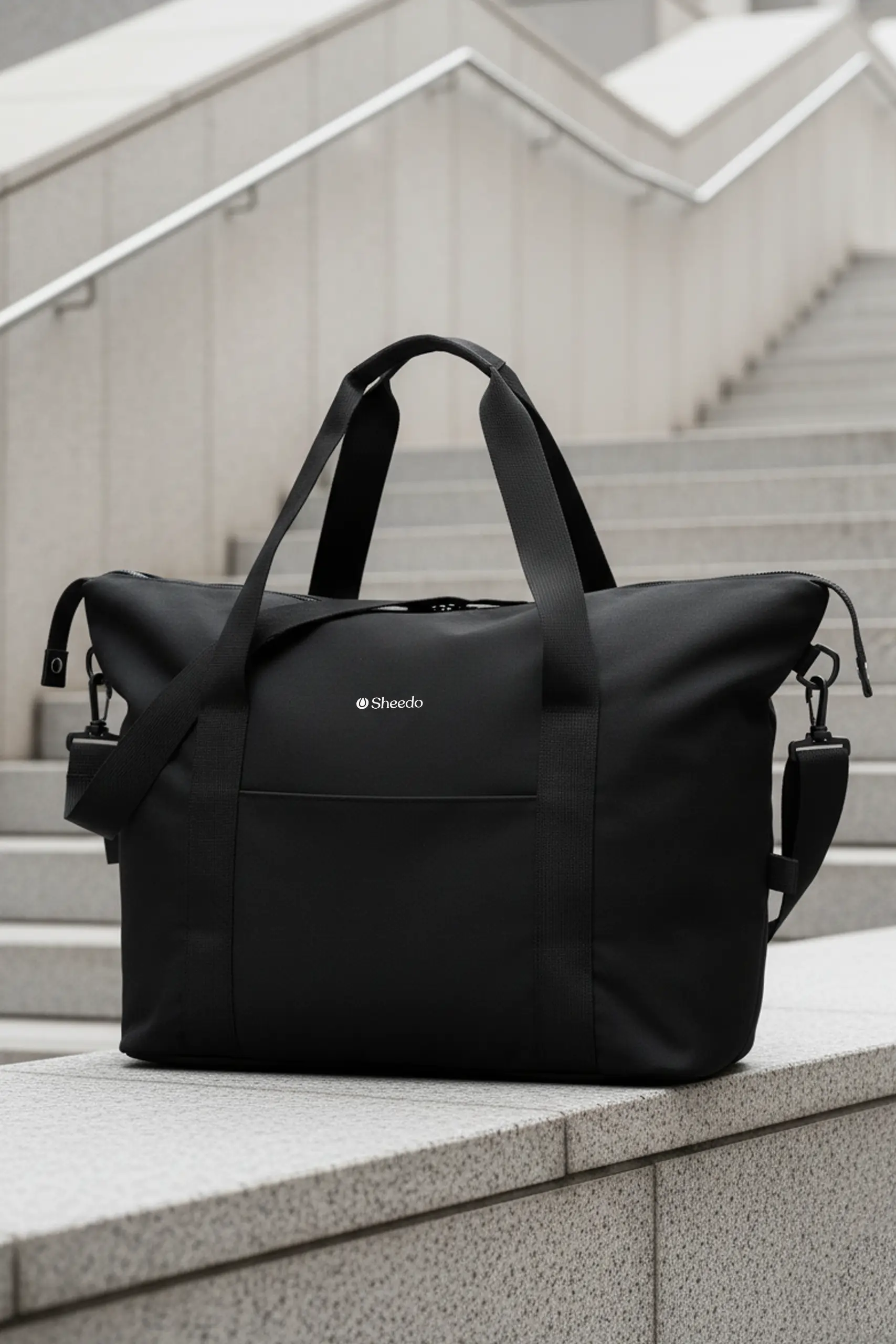 Bolsa de viaje negra personalizada con el logo de Sheedo en blanco sobre unas escaleras