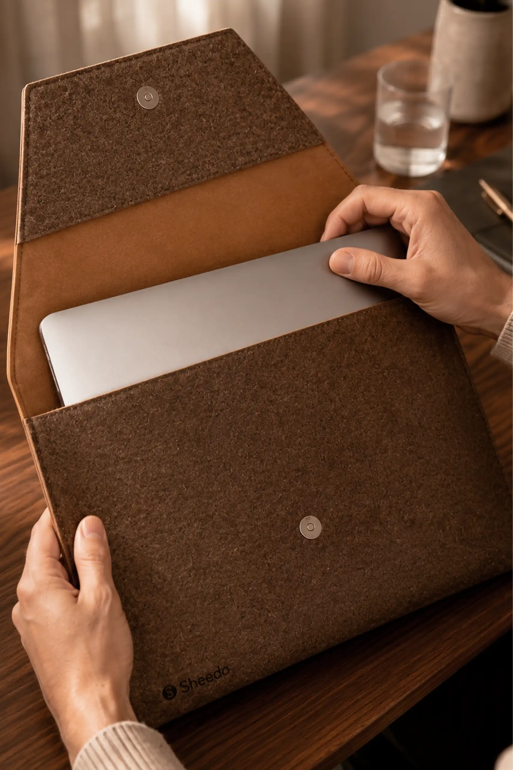 Funda portátil residuo palmera CANUSSA PALM Funda de portátil de residuos de palmera grabada a láser y cierre de imán. Sujeta por una persona abriendo y sacando un ordenador.