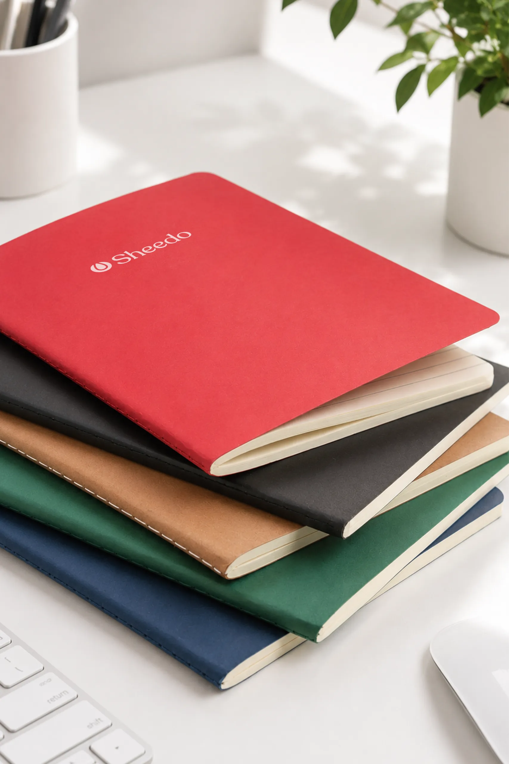 Libreta azul, verde, rojo, negro y kraft en cartón reciclado con personalización en blanco apiladas sobre una mesa blanca.