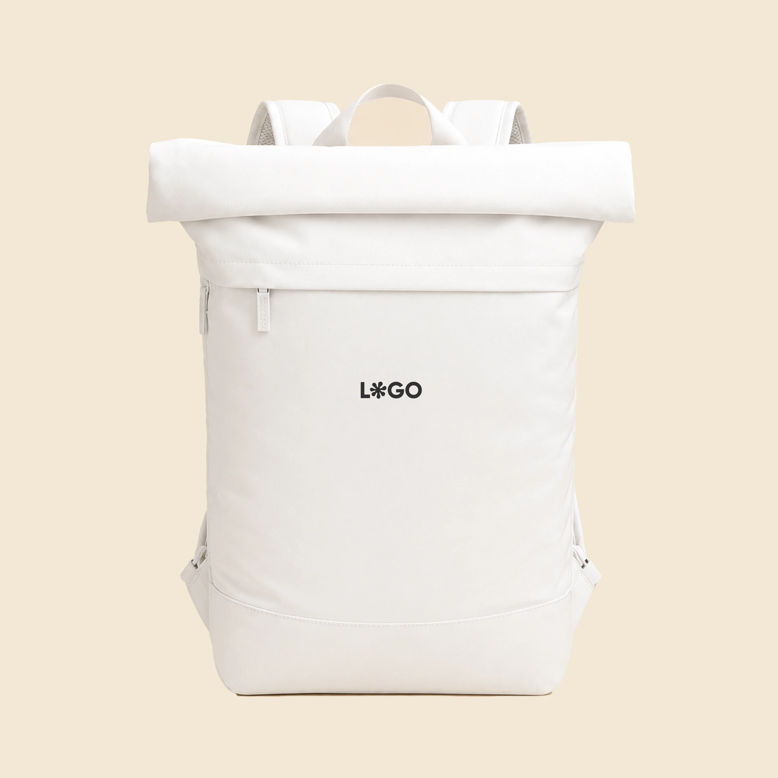 Recycled urban backpack Mochila roll top personalizada blanca a todo color sobre fondo beige