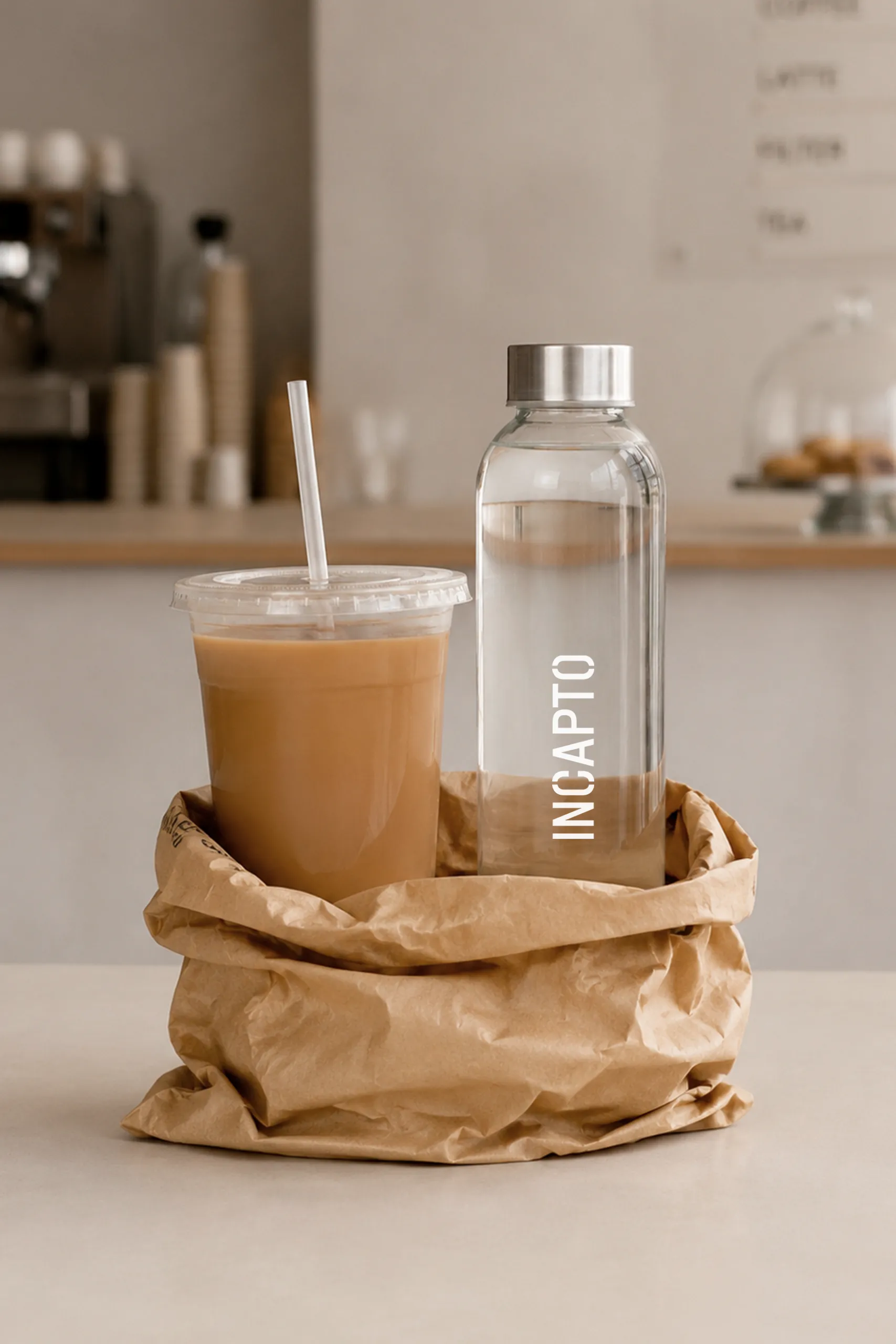 Botella de cristal personalizada para la marca INCAPTO junto a un vaso de cafe con leche dentro de una bolsa de papel