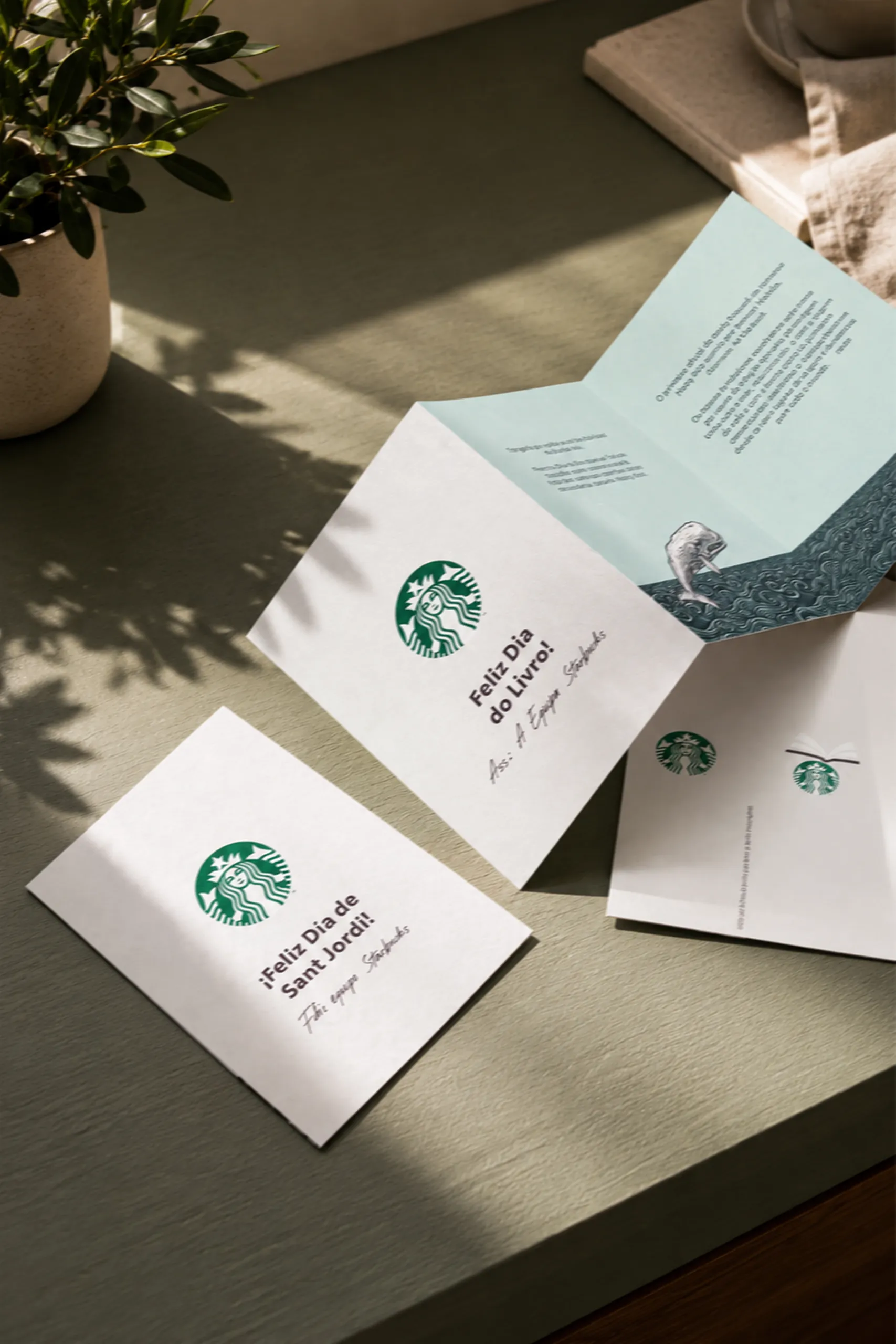 Folleto en cuadríptico personalizado para la marca Starbucks sobre una mesa verde