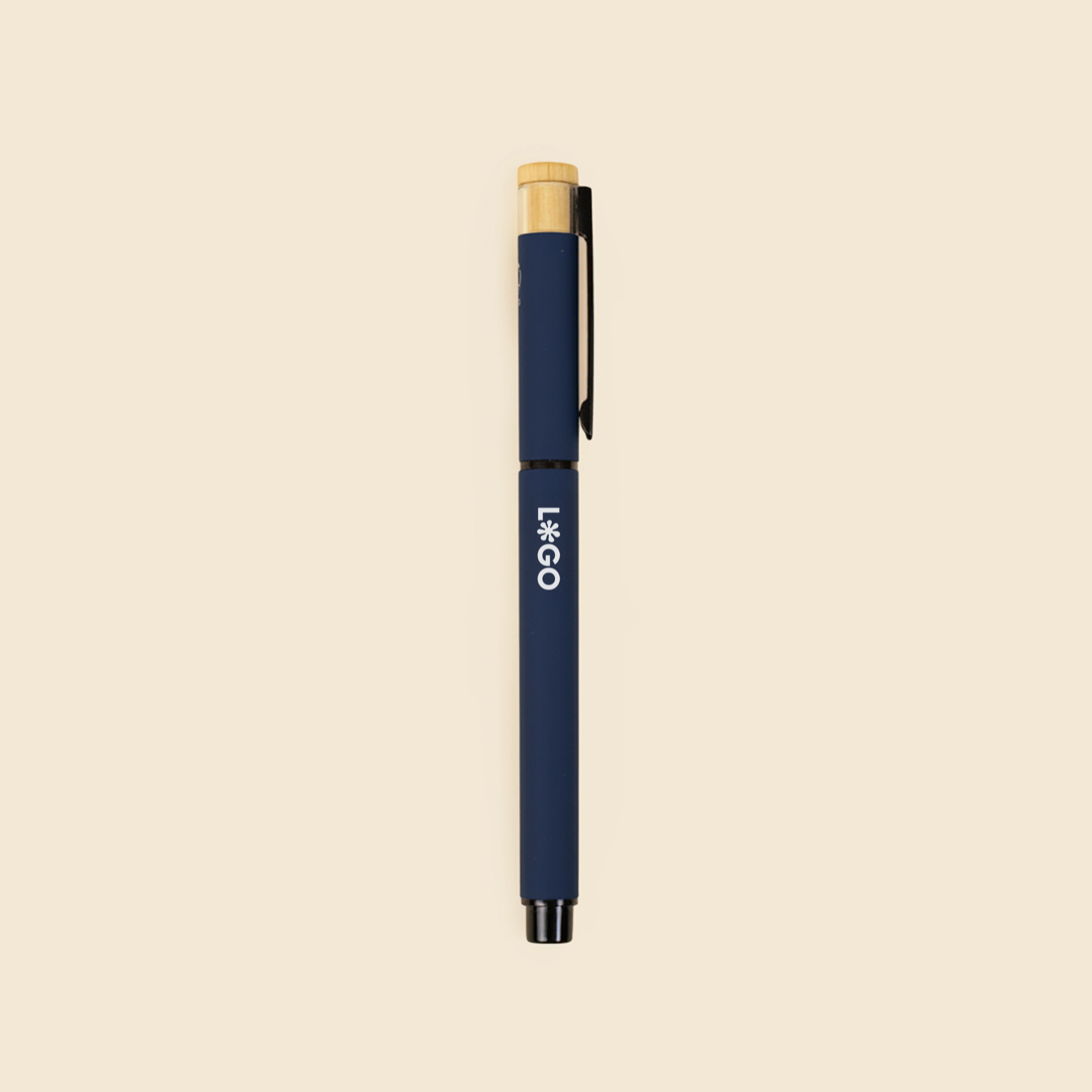 Roller de aluminio reciclado azul, personalizado con la palabra LOGO en blanco