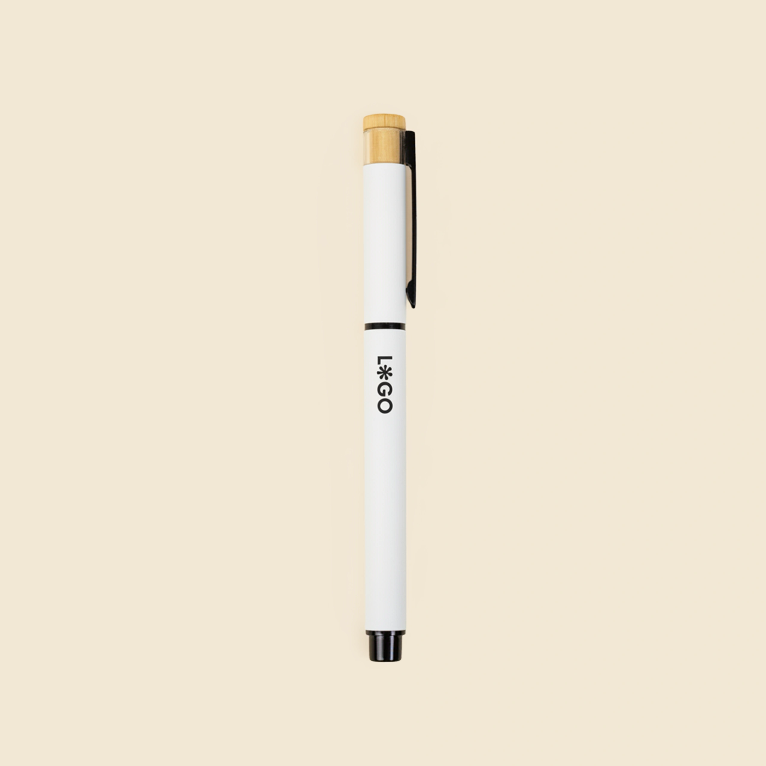 Roller de aluminio reciclado blanco, personalizado con la palabra LOGO en negro