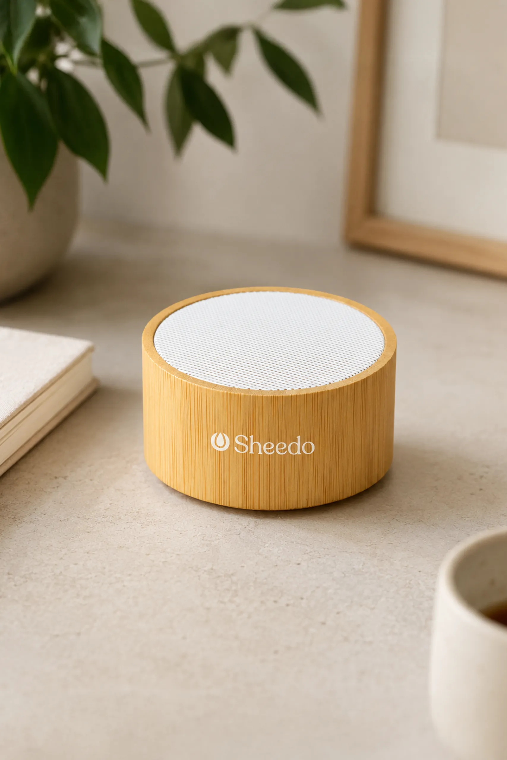 Altavoz con cuerpo de bambú en blanco con diseño personalizado a una tinta de LOGO. Colocado en una mesa de escritorio.