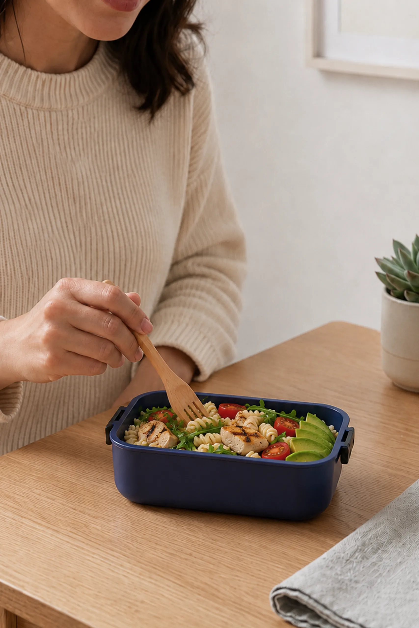 Una persona en la cocina, comiendo con una fiambrera ecológica de material reciclado de color azul.