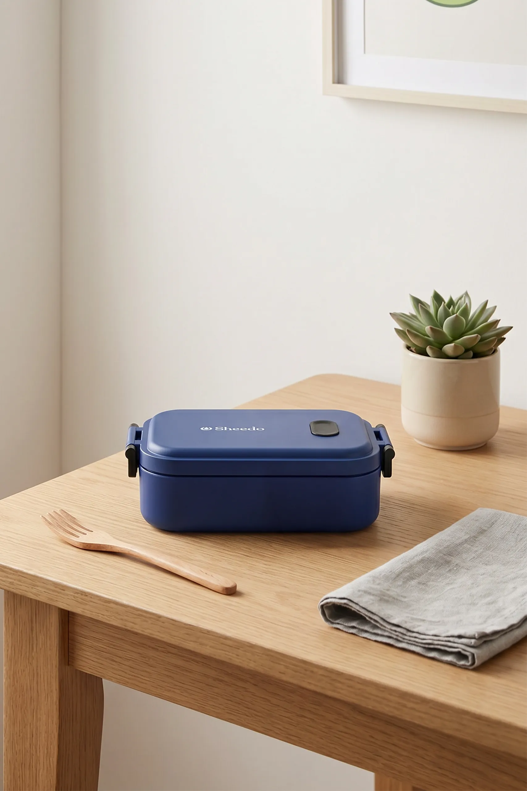 Una fiambrera ecológica de material reciclado de color azul. en una cocina sobre una mesa de madera.