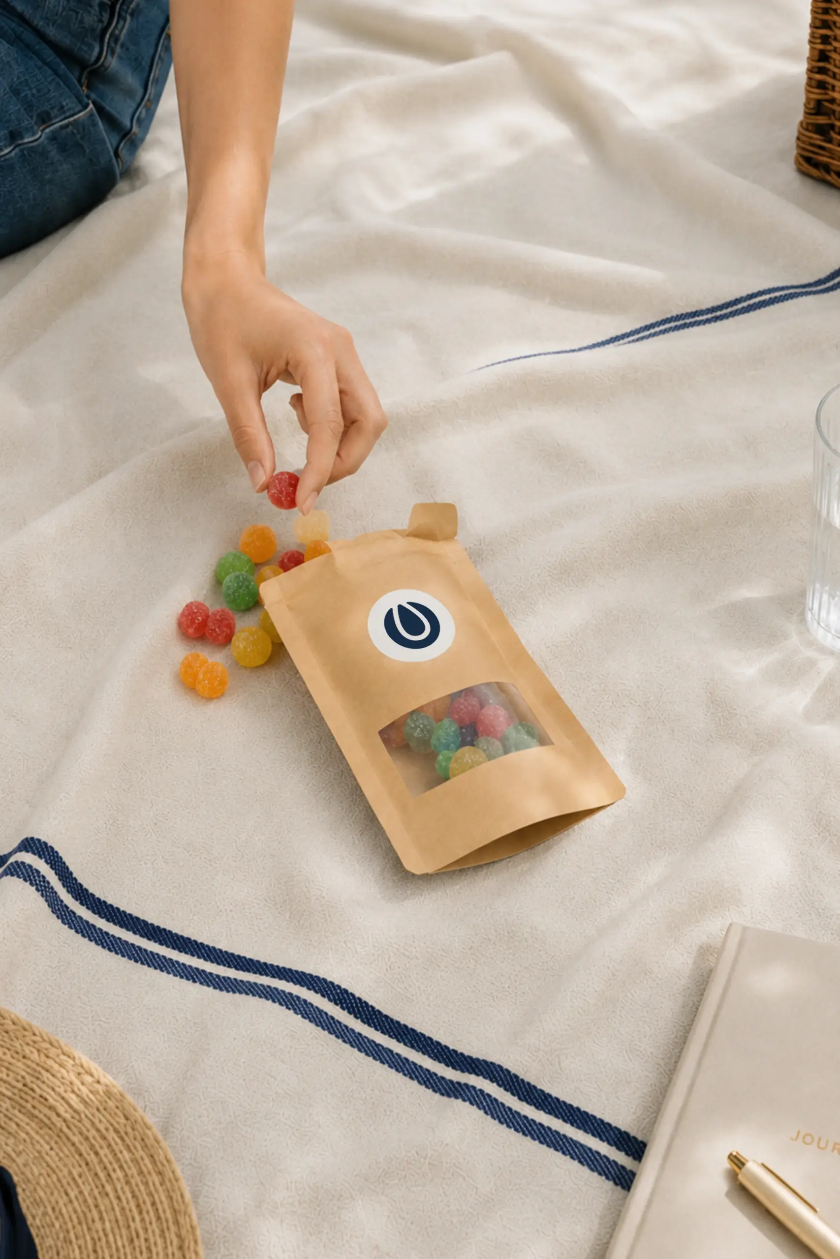 Mano cogiendo gominolas de una bolsa kraft personalizada con una pegatina blanca y el logotipo de Sheedo, sobre un set de picnic