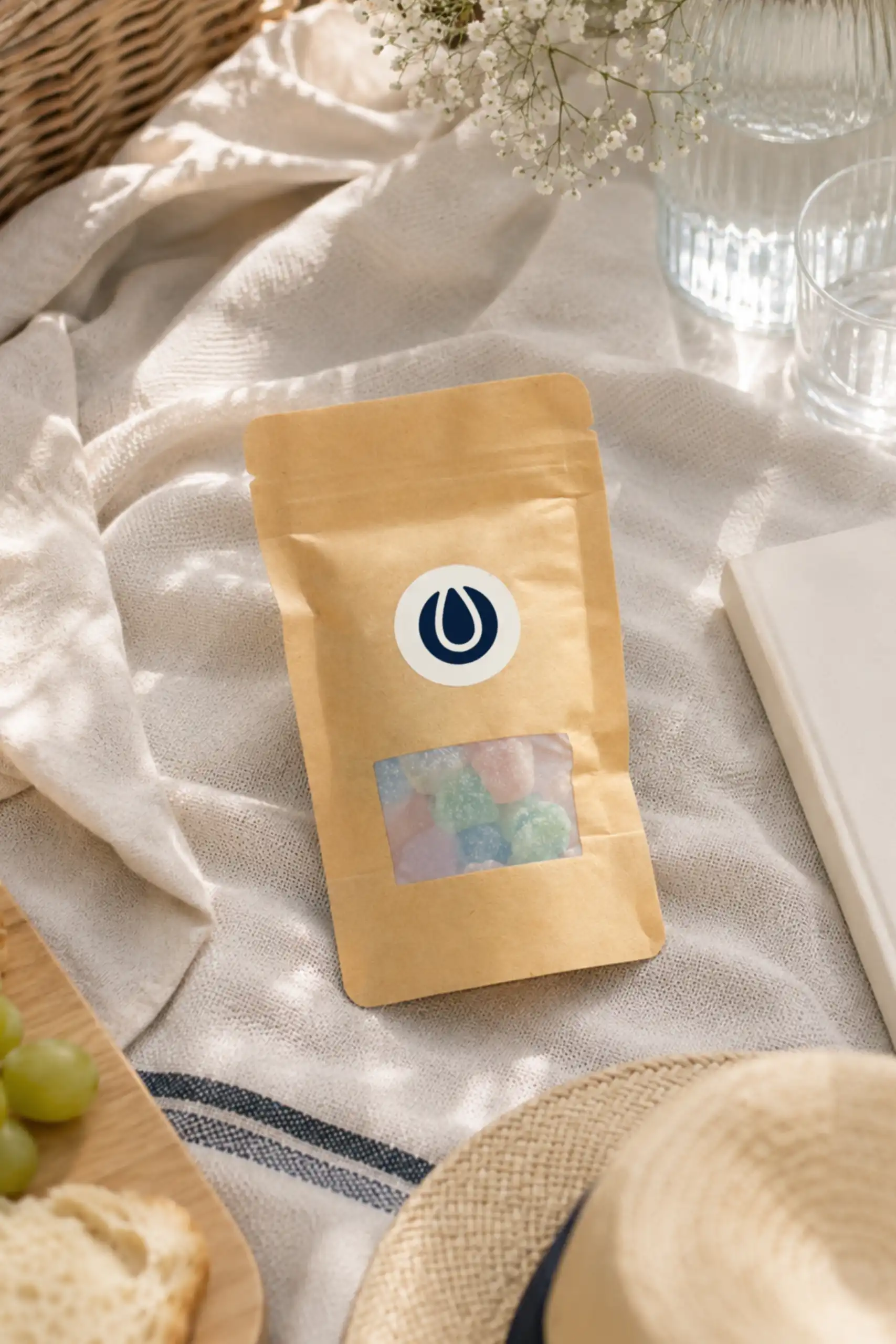 Bolsa kraft con gominolas personalizada con una pegatina blanca y el logotipo de Sheedo, sobre un set de picnic