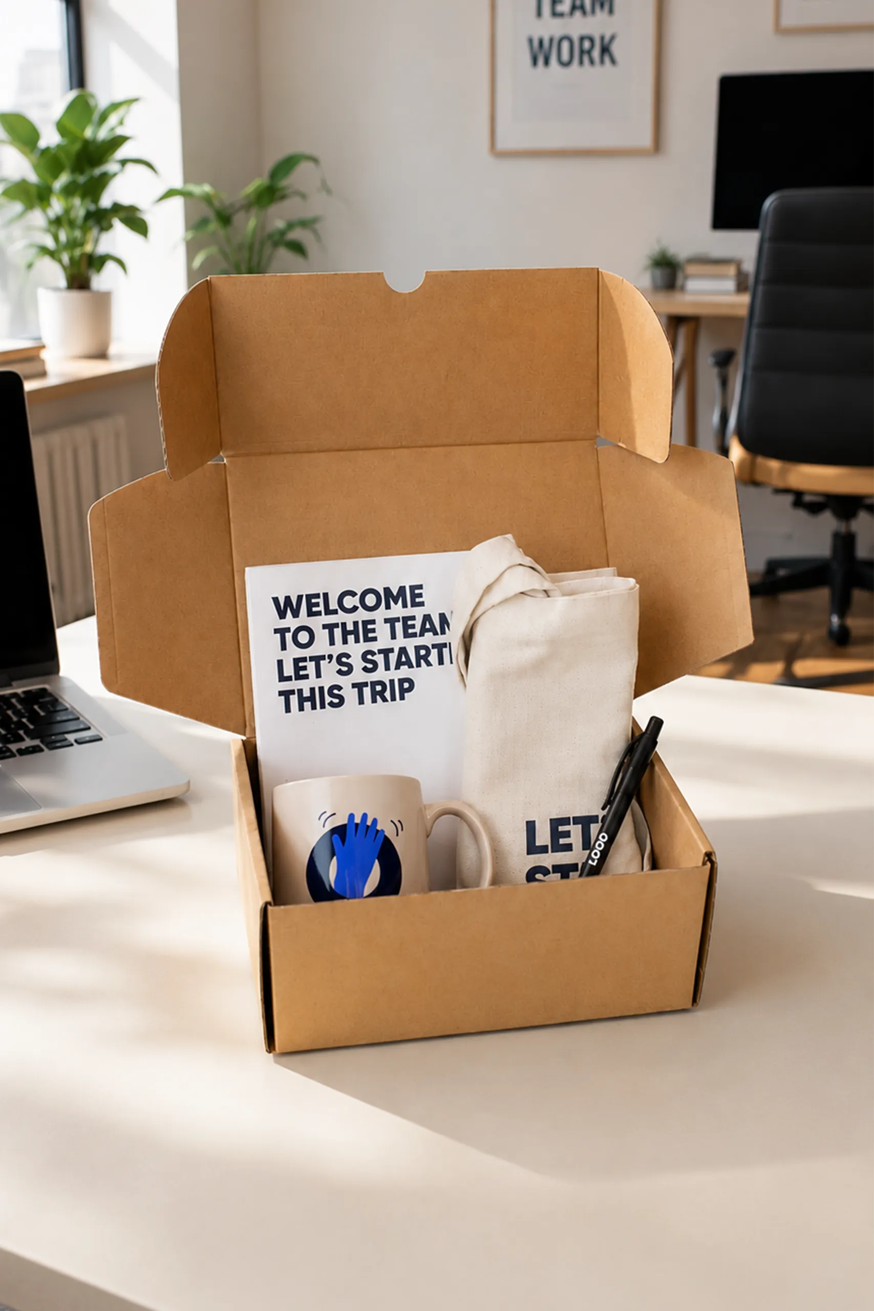 "Welcome to the Team" welcome pack with an open kraft cardboard box showing a card reading "Welcome to the team, let's start this trip", a rolled-up tote bag reading "Let's start", a mug illustrated with a waving hand, and a pen with logo space, set in an office scene with a laptop and a desk chair.
