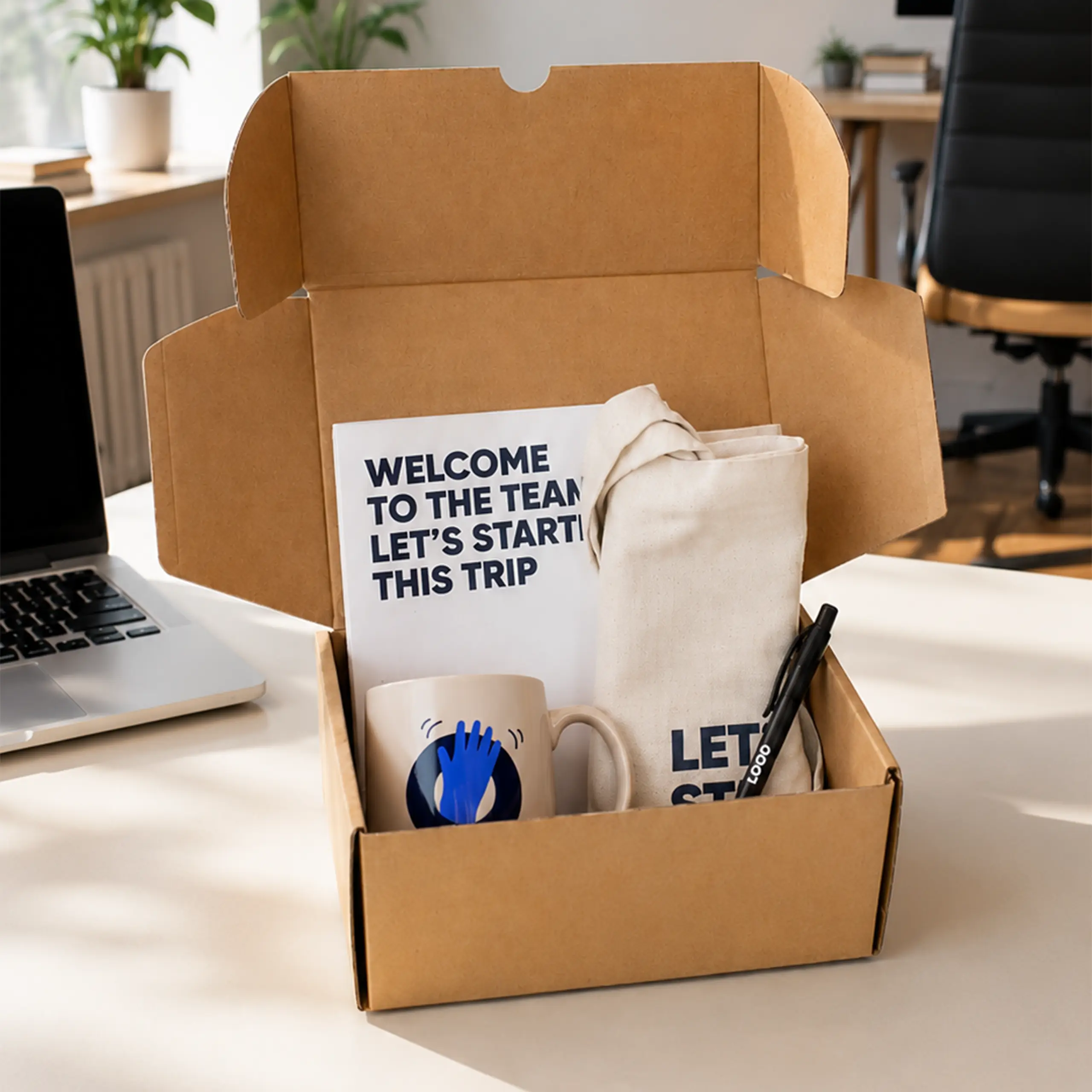 Pack Welcome To The Team Welcome pack "Welcome to the Team" con caja de cartón kraft abierta mostrando una tarjeta con el mensaje "Welcome to the team, let's start this trip", una bolsa de tela enrollada con el texto "Let's start", una taza con una ilustración de mano saludando y un bolígrafo con espacio para "LOGO", en un entorno de oficina con un portátil y una silla de escritorio.
