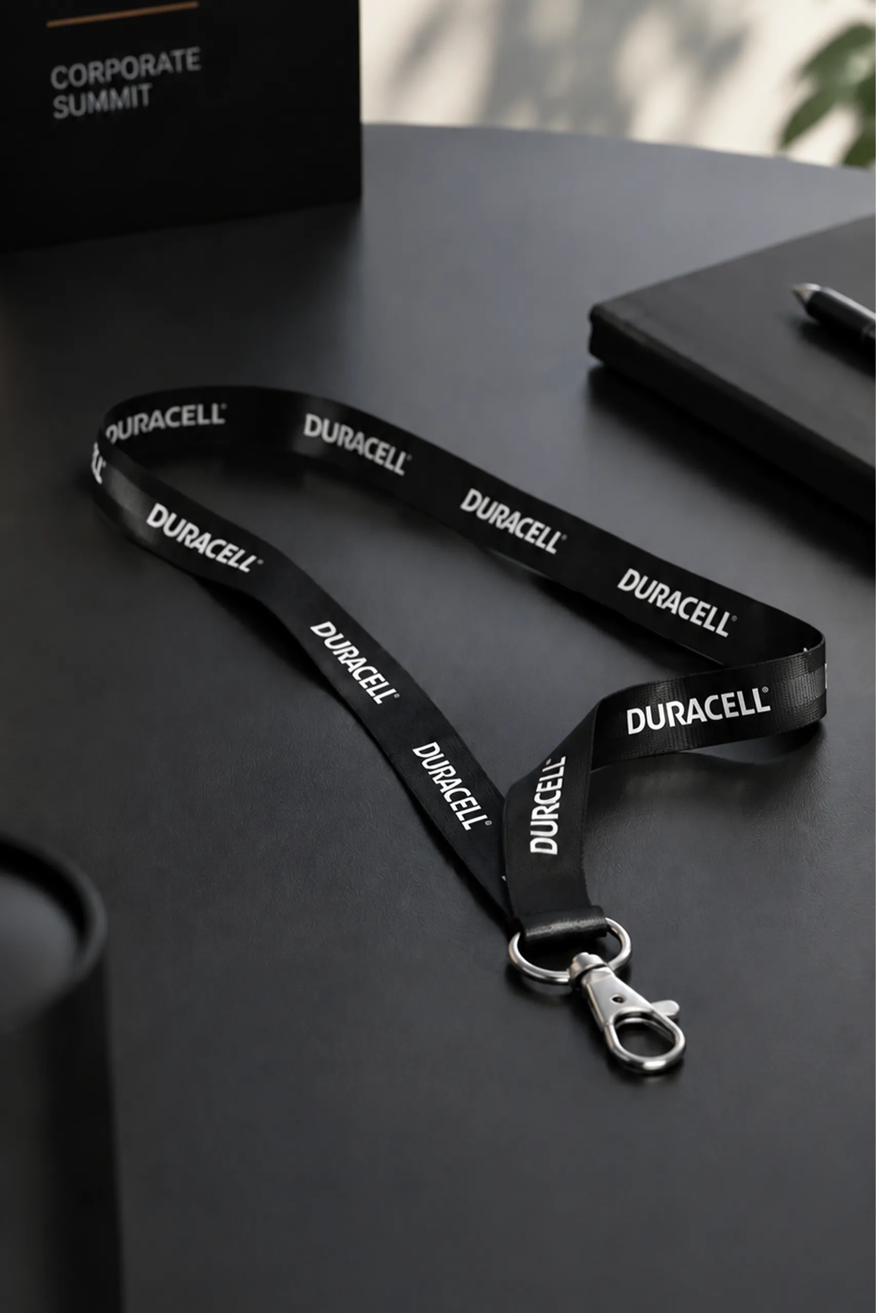 Lanyard de rpet de color negro personalizado con el logo de la marca Duracell, sobre una mesa negra