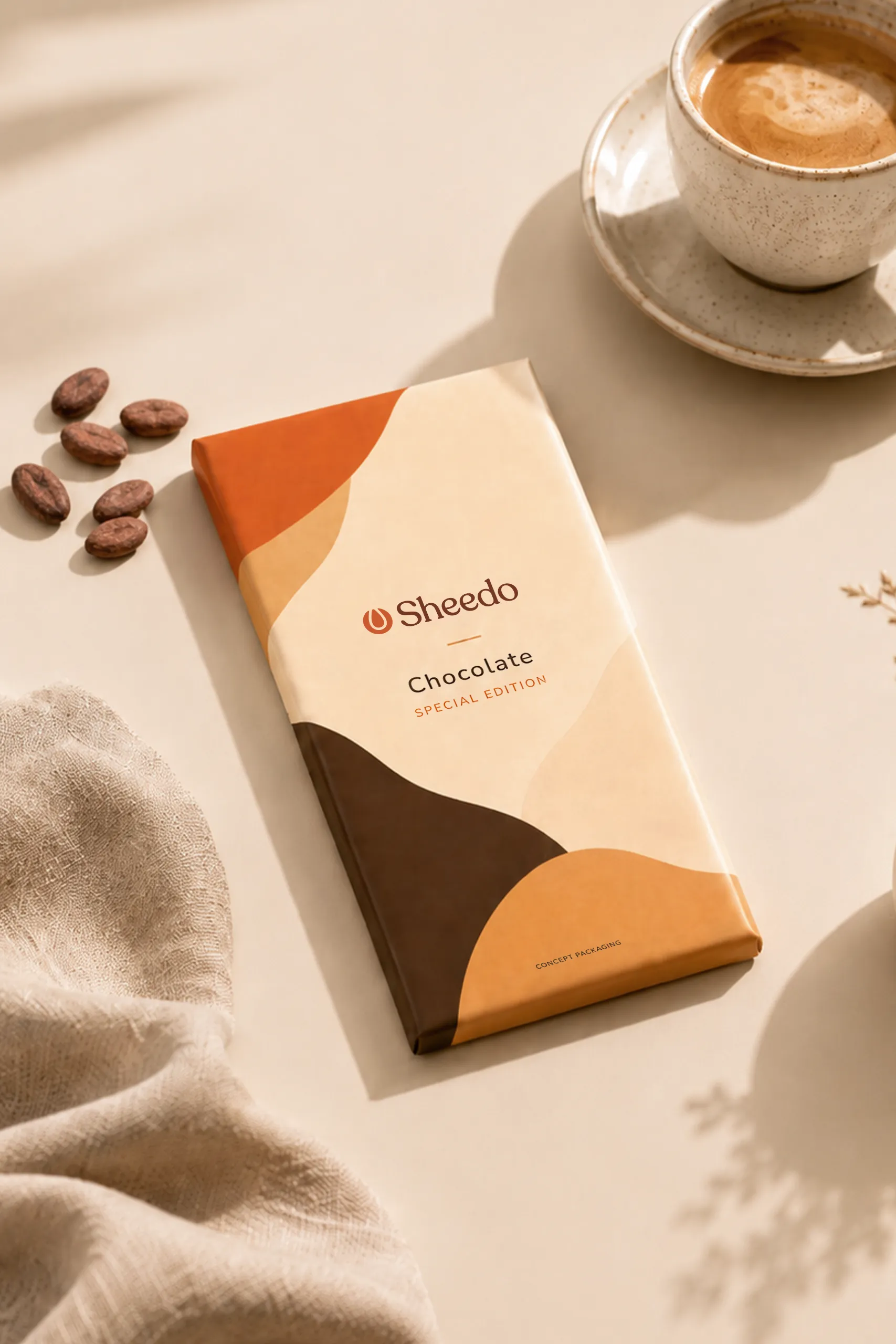 Tableta de chocolate personalizada MAYA Tableta de chocolate personalizada a todo color colocada cerrada en una mesa con granos de café y una taza de café.
