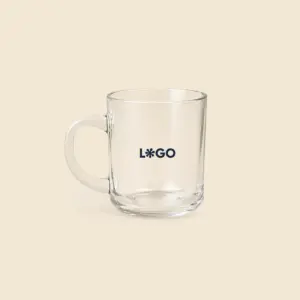 Taza de cristal con asa personalizada con la palabra "LOGO" en azul