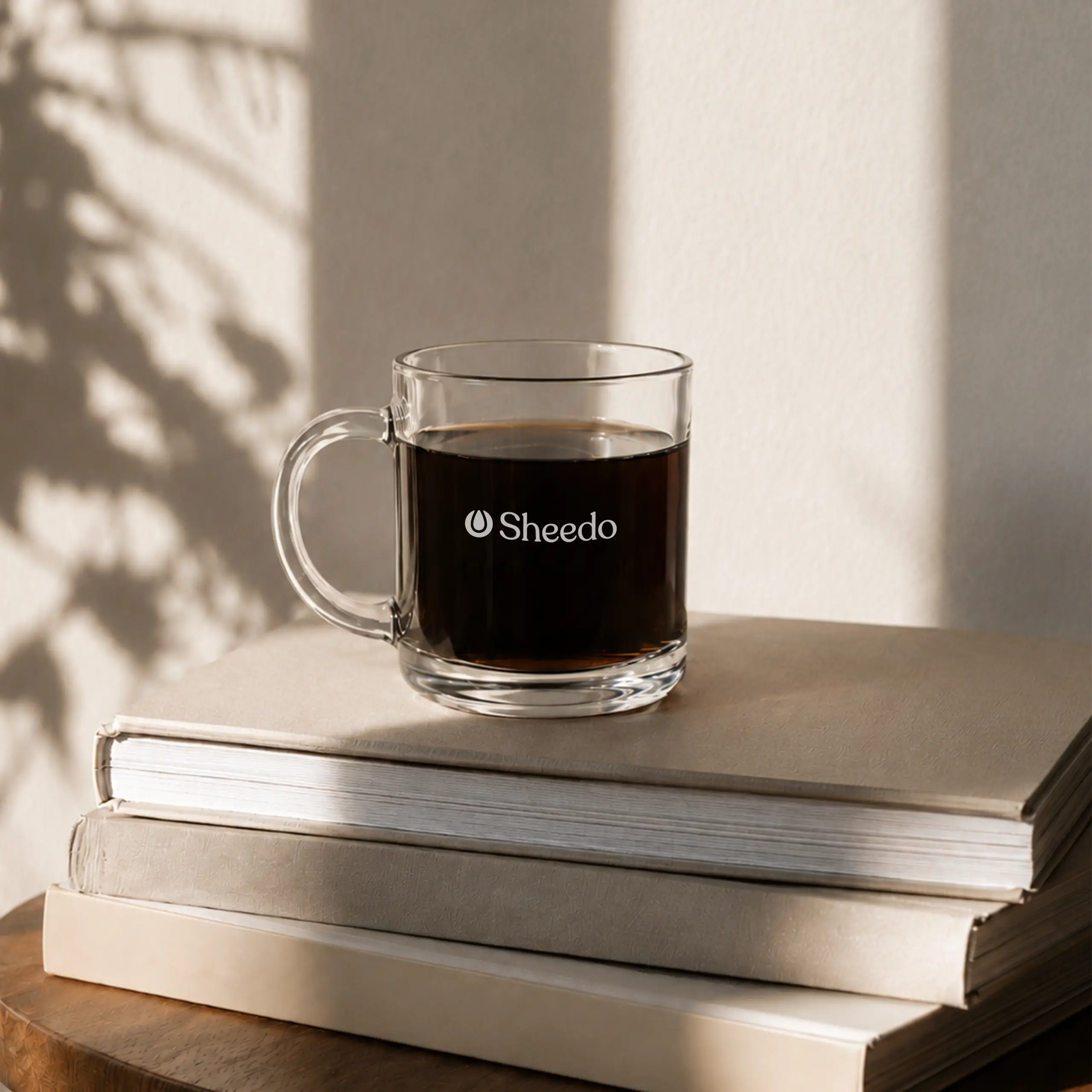 Taza de cristal personalizada con el logo de la marca Sheedo en blanco, con café negro en su interior, colocada sobre unos libros de color beige