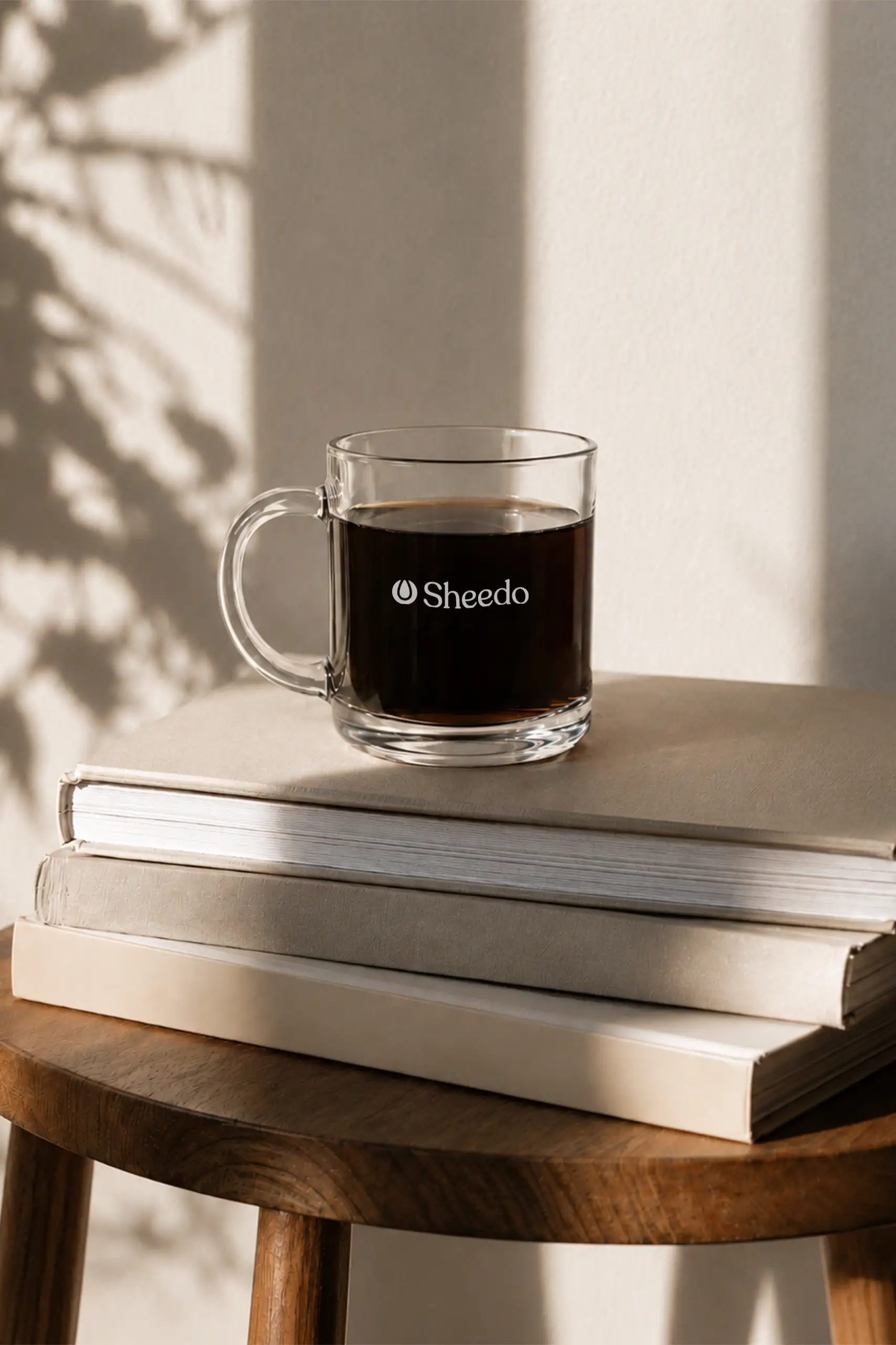 Taza de cristal personalizada con el logo de la marca Sheedo en blanco, con café negro en su interior, colocada sobre unos libros de color beige