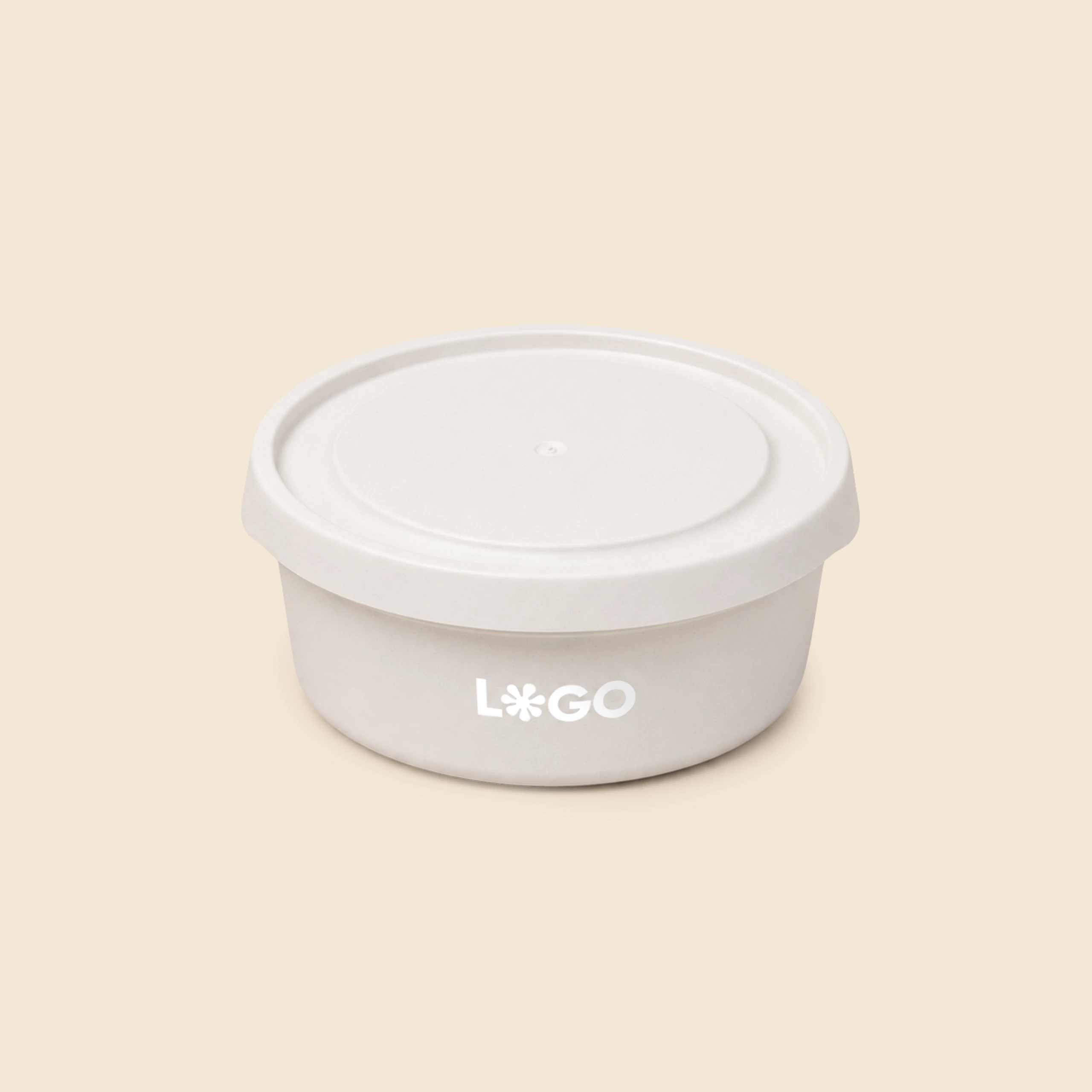 Tupper personalizado ecológico beige con la palabra LOGO en blanco a una tinta.
