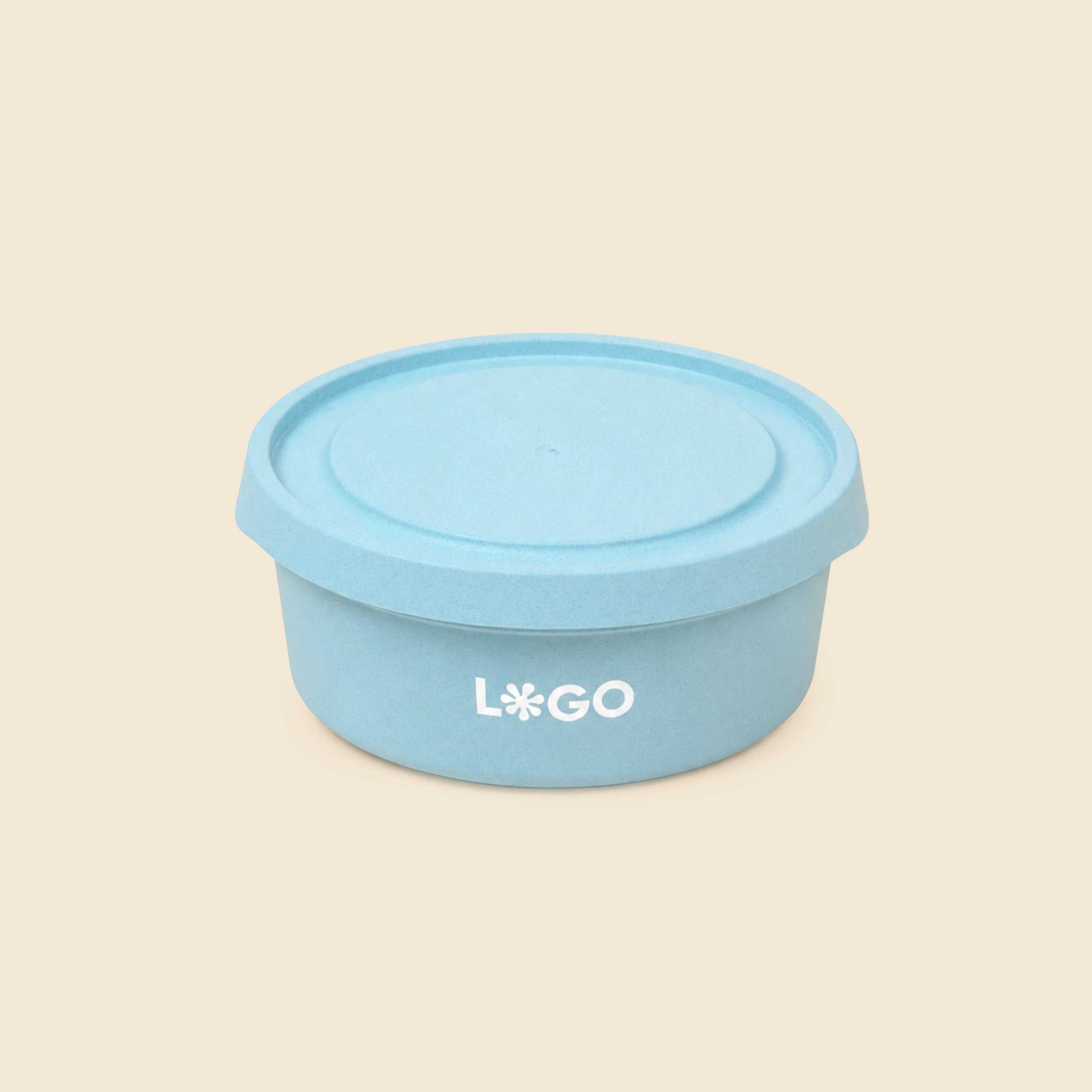 Tupper personalizado ecológico azul con la palabra LOGO en blanco a una tinta.