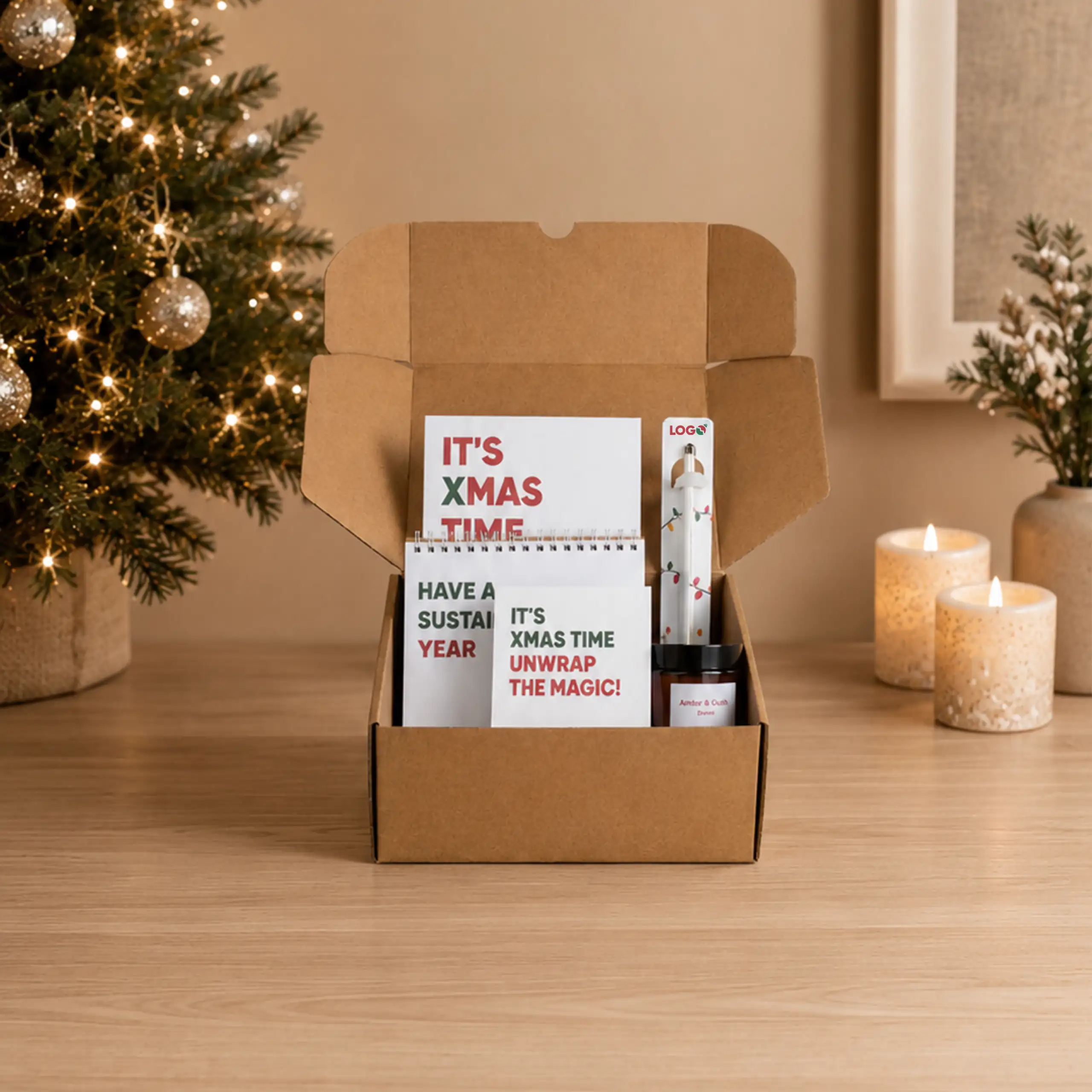 Welcome pack navideño "It's Xmas Time" con caja de cartón kraft abierta mostrando un bloc de notas en espiral, tarjetas con los mensajes "Have a sustainable year" y "It's Xmas time, unwrap the magic!", un bolígrafo decorado con motivo navideño y espacio para "LOGO", y una vela con etiqueta personalizable, presentado junto a un árbol de Navidad y velas encendidas.