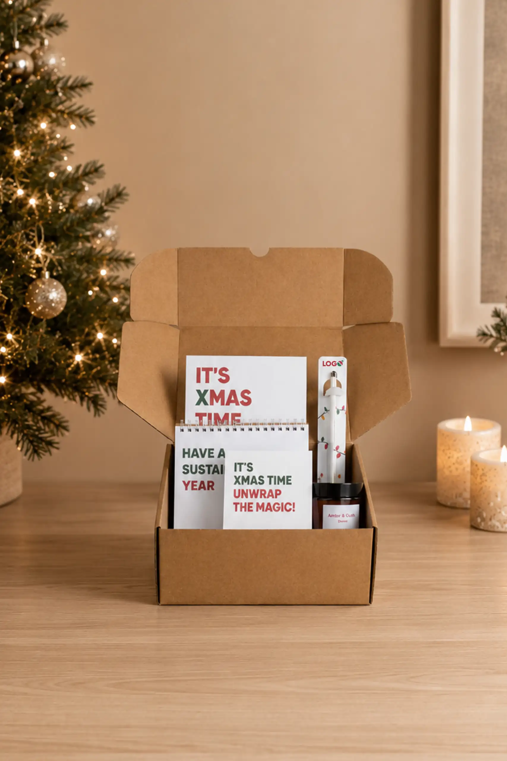 Welcome pack navideño "It's Xmas Time" con caja de cartón kraft abierta mostrando un bloc de notas en espiral, tarjetas con los mensajes "Have a sustainable year" y "It's Xmas time, unwrap the magic!", un bolígrafo decorado con motivo navideño y espacio para "LOGO", y una vela con etiqueta personalizable, presentado junto a un árbol de Navidad y velas encendidas.