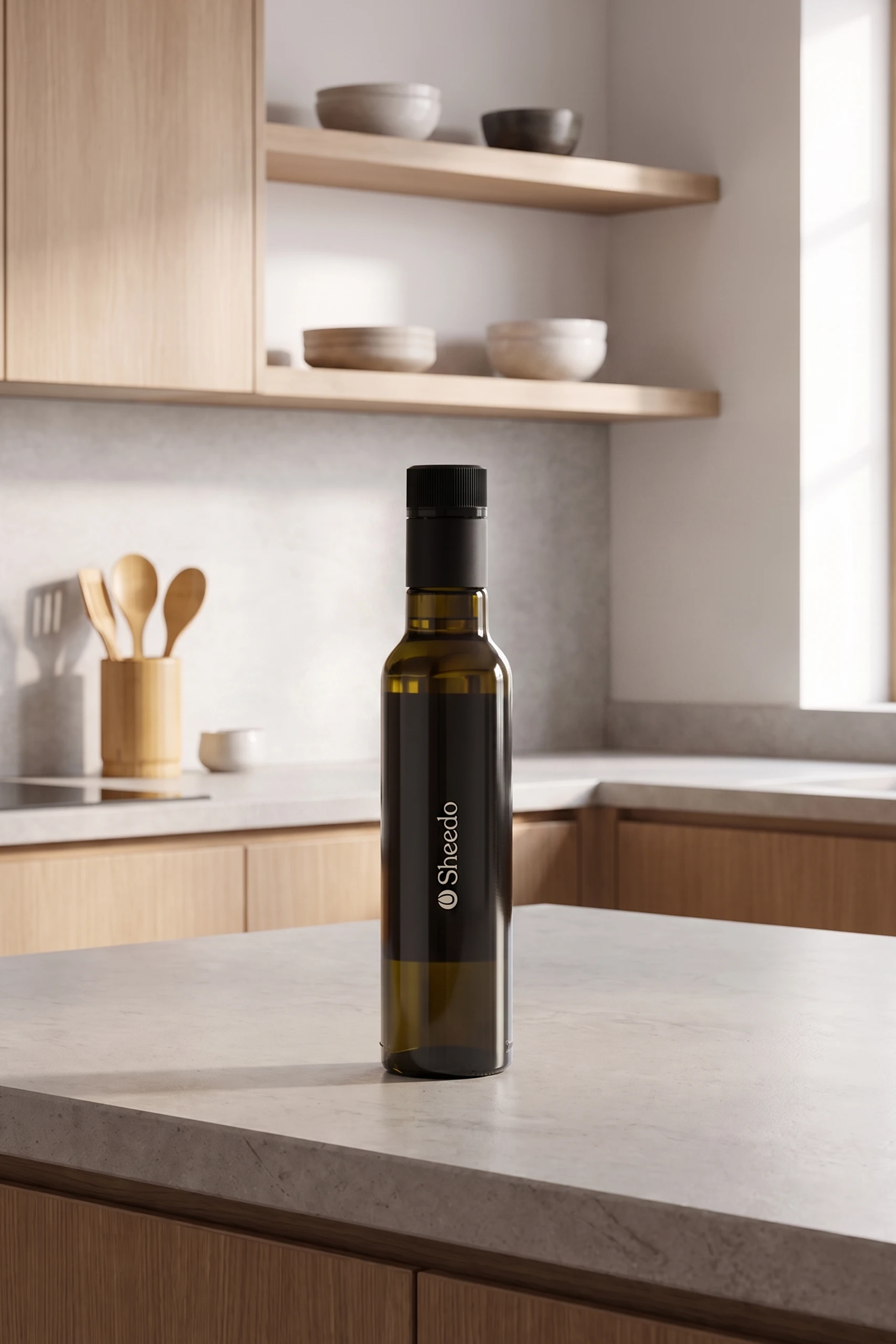 Botella de aceite personalizada a una tinta en una cocina de diseño.