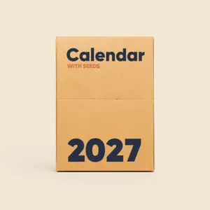 Kraft cardboard case in a vertical box format, showing the cover with the text "Calendar With Seeds 2027" in navy blue and orange typography on a kraft background.