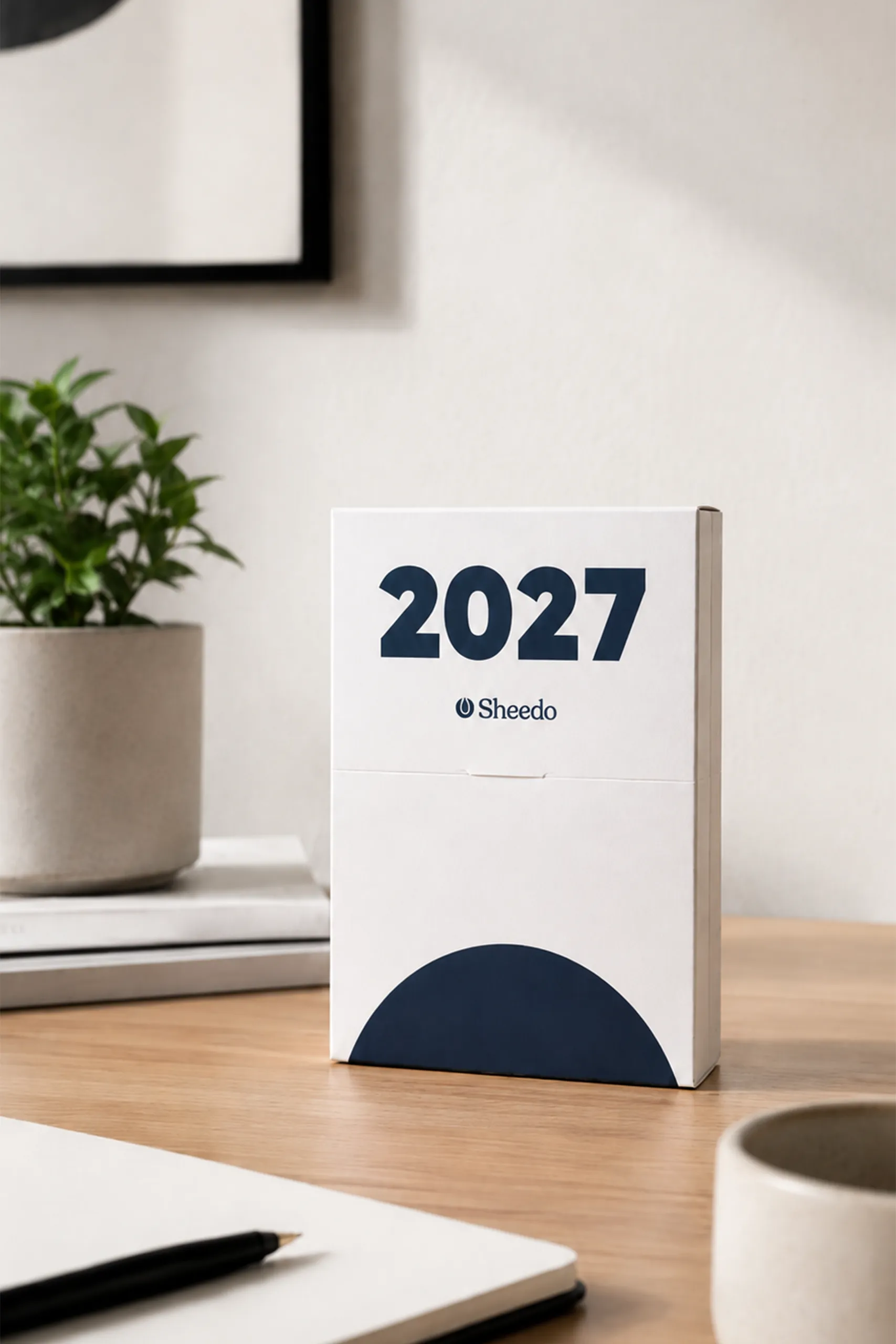 Estuche de calendario en versión blanca con el texto "2027 Sheedo" y un motivo semicircular azul marino en la parte inferior, colocado sobre un escritorio de madera junto a una planta y una taza.