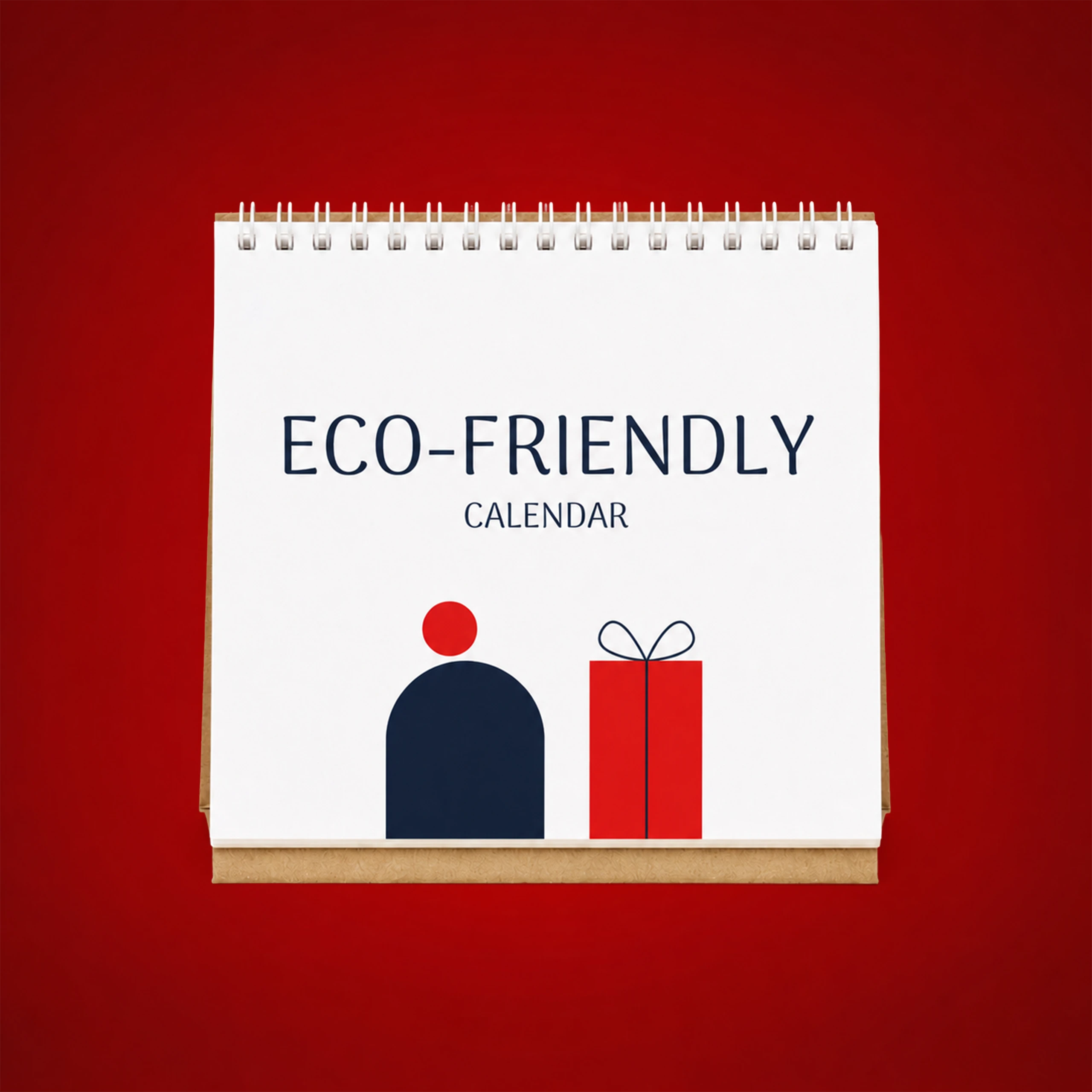 Calendario de mesa ecológico con la portada "Eco-Friendly Calendar" e ilustración de una figura y un regalo envuelto en rojo, sobre fondo rojo.