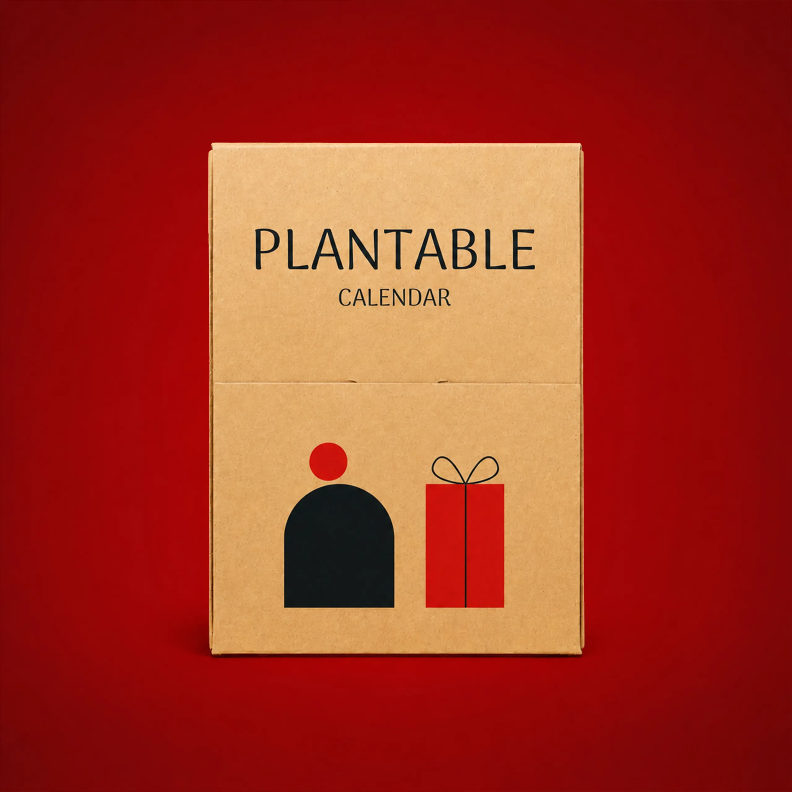 Calendario papel semillas en estuche_BOXE Estuche de cartón kraft para calendario de papel de semillas con el texto "Plantable Calendar" y una ilustración de una figura junto a un regalo, sobre fondo rojo.