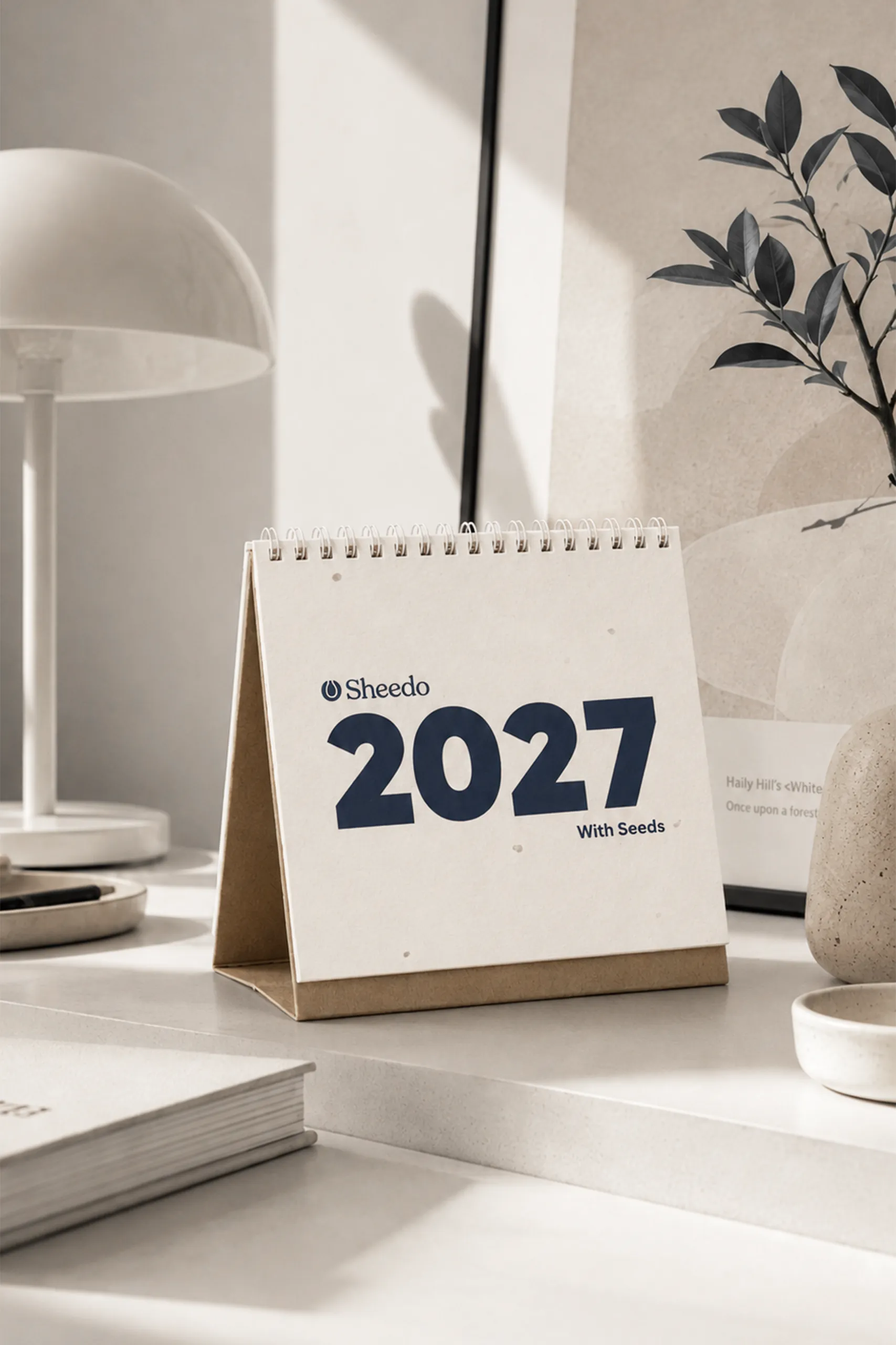 Primer plano en ángulo del calendario mostrando el logo "Sheedo" y el año "202..." en azul marino sobre papel plantable de textura clara, con la base de cartón kraft y un bolígrafo blanco visible en primer plano.