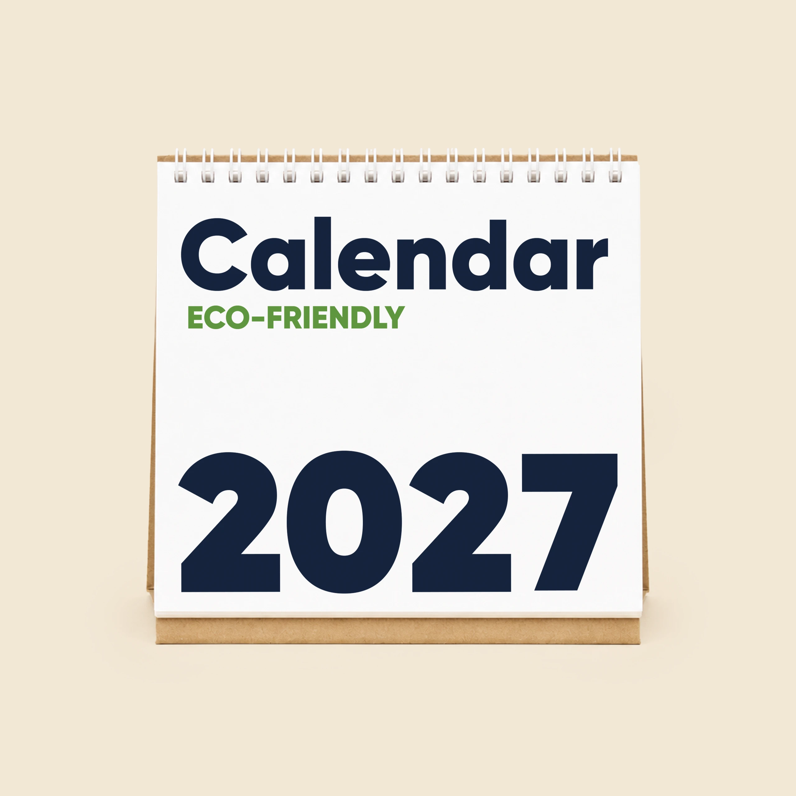 Triangular eco-friendly desktop calendar with a kraft cardboard base, showing the cover page reading "Calendar Eco-Friendly 2027" in navy blue and green typography on a white background.