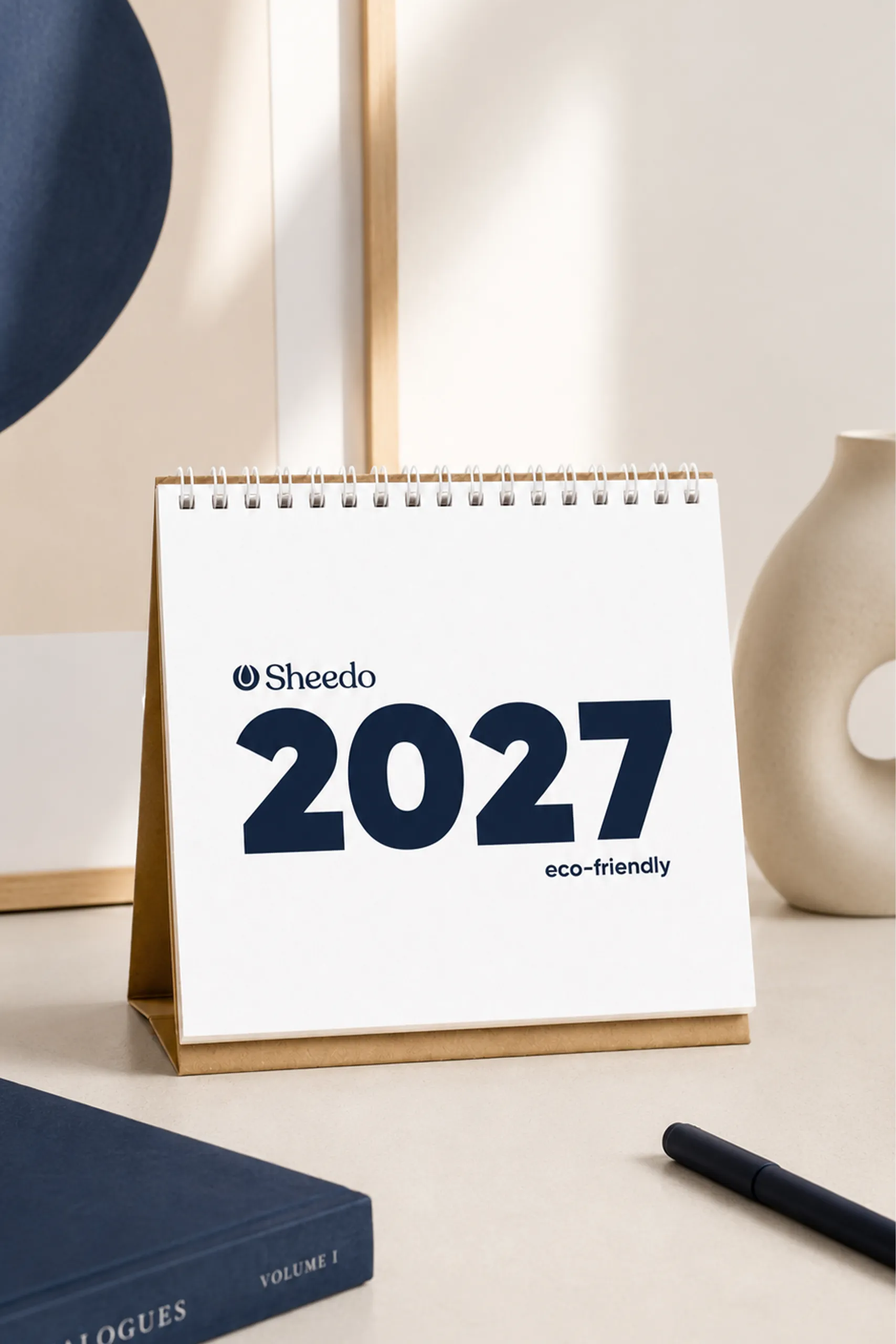 Triangular desktop calendar with the "Sheedo 2027 eco-friendly" logo shown in portrait format, styled in a decorative setting with a beige vase, a book with "Volume I" on its spine and a black pen.