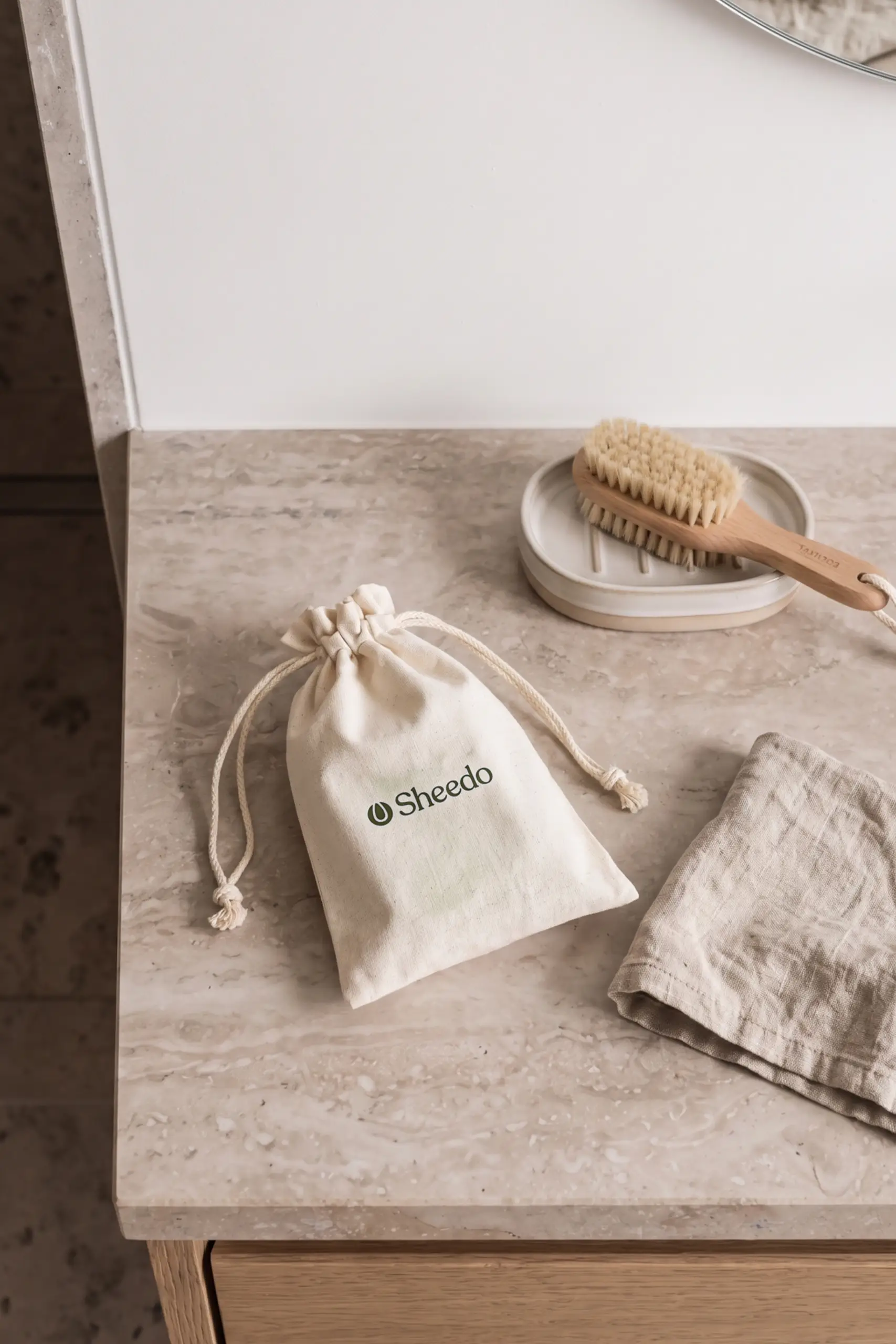 Bolsa de algodón con logo Sheedo en un baño minimalista, junto a cepillo de madera y toalla de lino doblada.