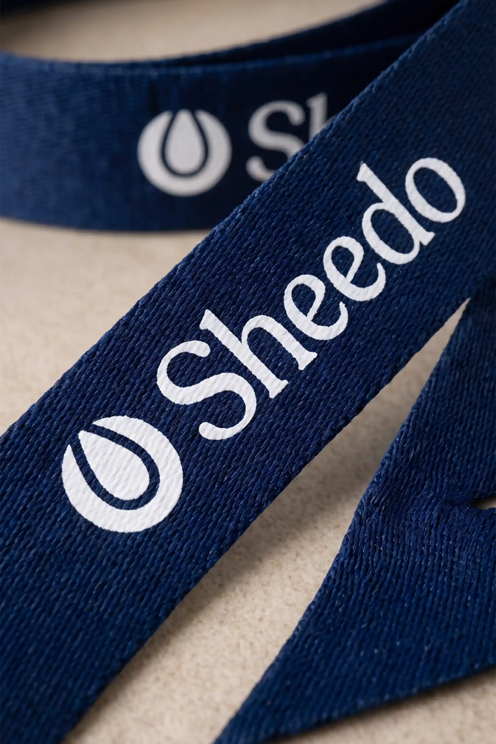 Lanyard rpet sin mosquetón MOSQ Primer plano del lanyard de rPET con logotipo Sheedo, mostrando el cruce de las dos cintas y el detalle de impresión.