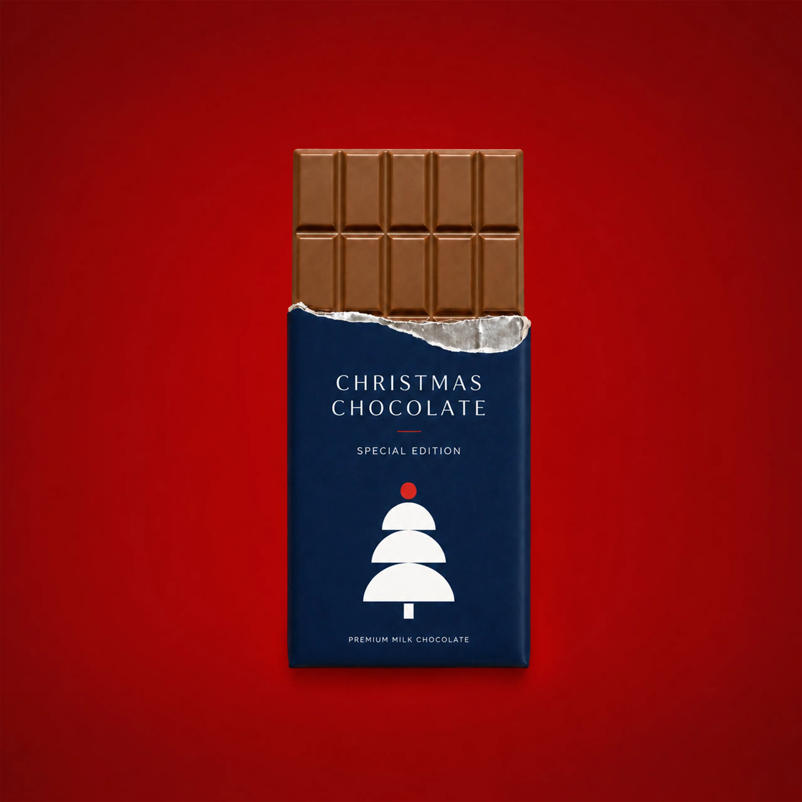 Tableta de chocolate personalizada_MAYA Tableta de chocolate personalizada, abierta parcialmente, con envoltorio azul marino mostrando el texto "Christmas Chocolate, Special Edition, Premium Milk Chocolate" y un árbol de Navidad en blanco, sobre fondo rojo.