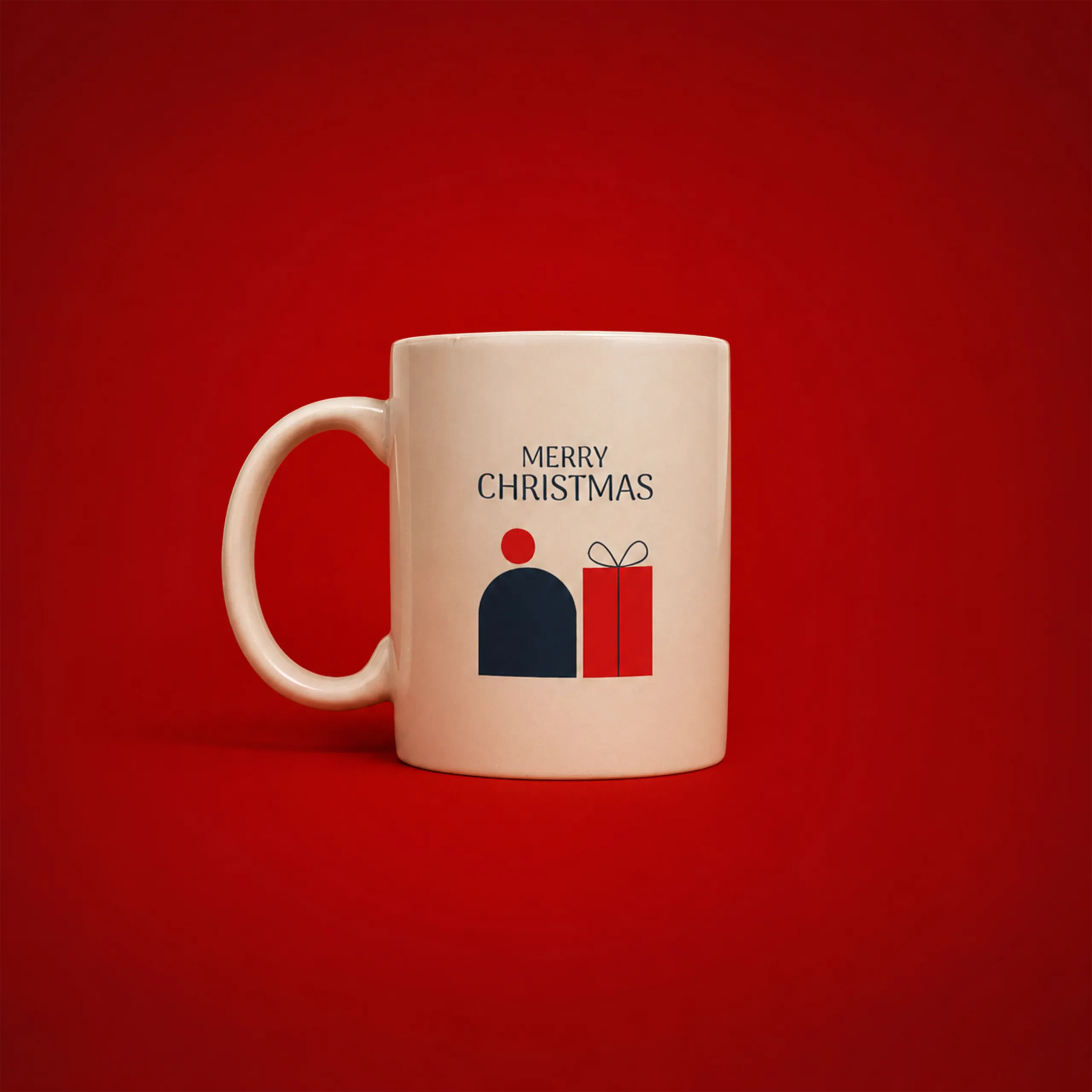 Taza beige para personalizar_VANILLE Taza beige para personalizar con el texto "Merry Christmas" y una ilustración de una figura junto a un regalo envuelto en rojo, sobre fondo rojo.