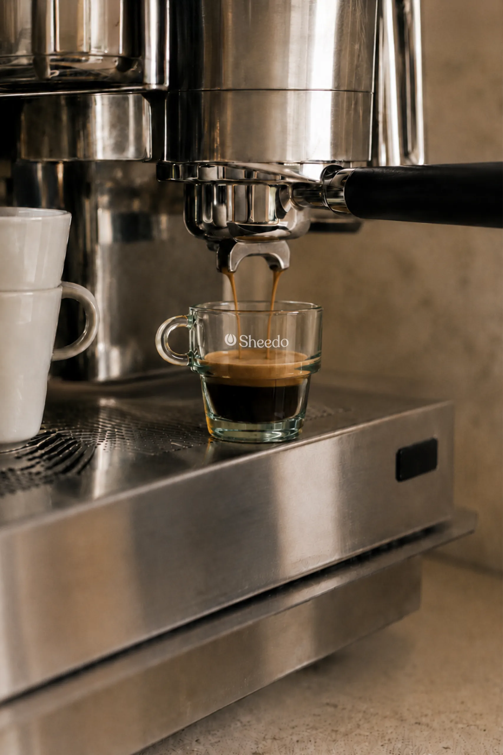 Detail of espresso coffee pouring into the custom recycled glass cup with Sheedo logo.