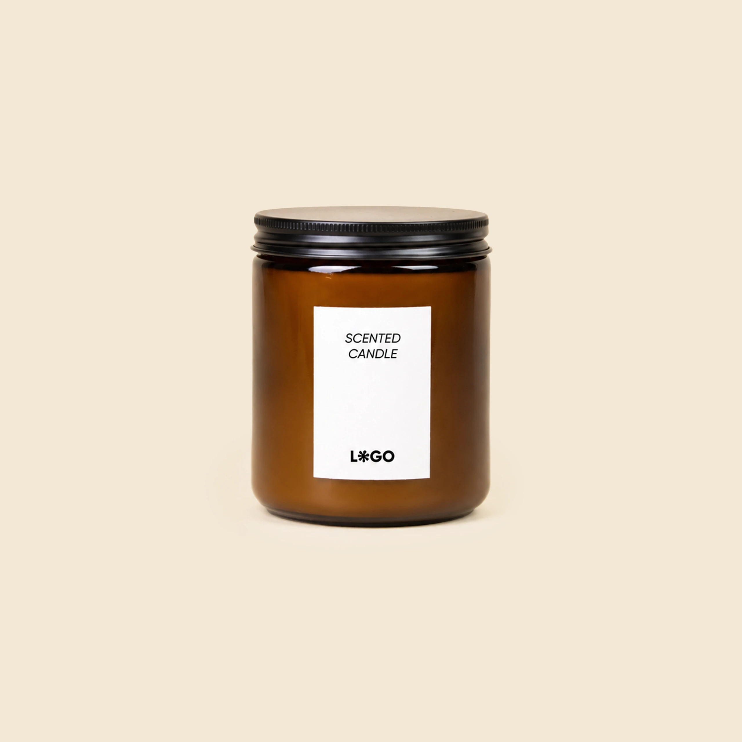 Personalised soy candle CANDI Eco-friendly soy candle in an amber glass jar with black metal lid, customisable label with logo, beige background.