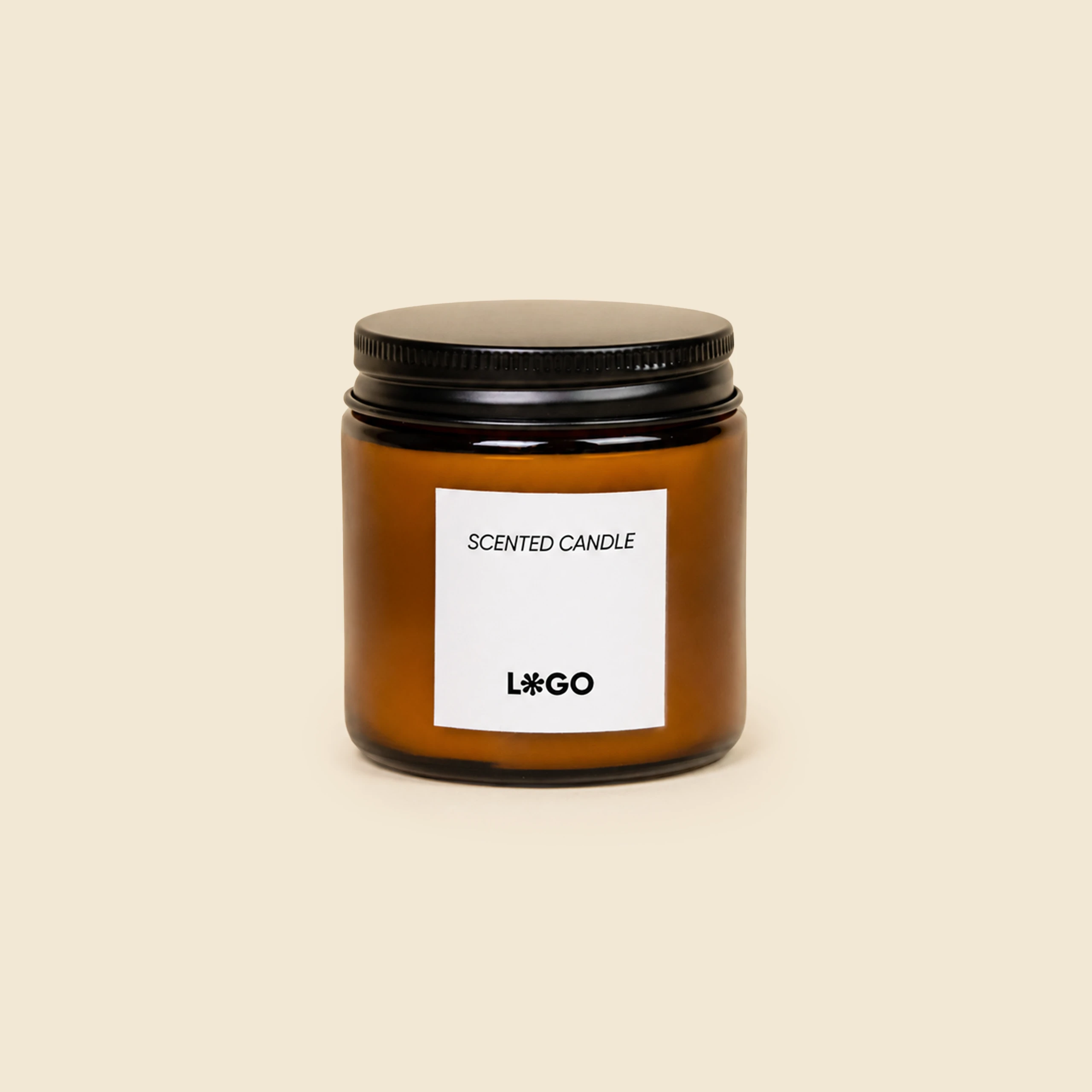 Eco-friendly soy candle in a closed amber glass jar, with custom logo label, front view on a beige background.