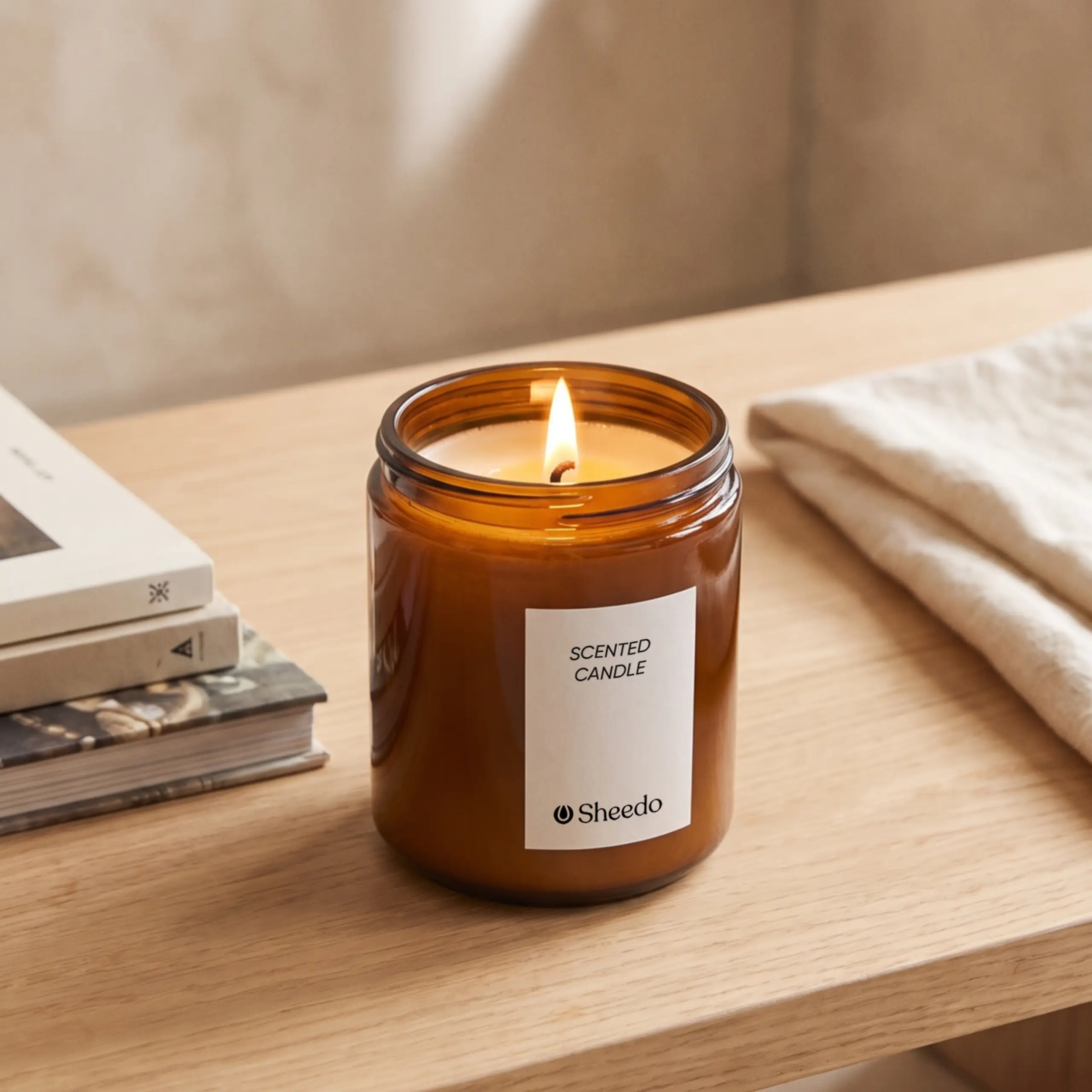 Eco-friendly soy candle with Sheedo logo lit on a wooden table, next to books and a linen throw.