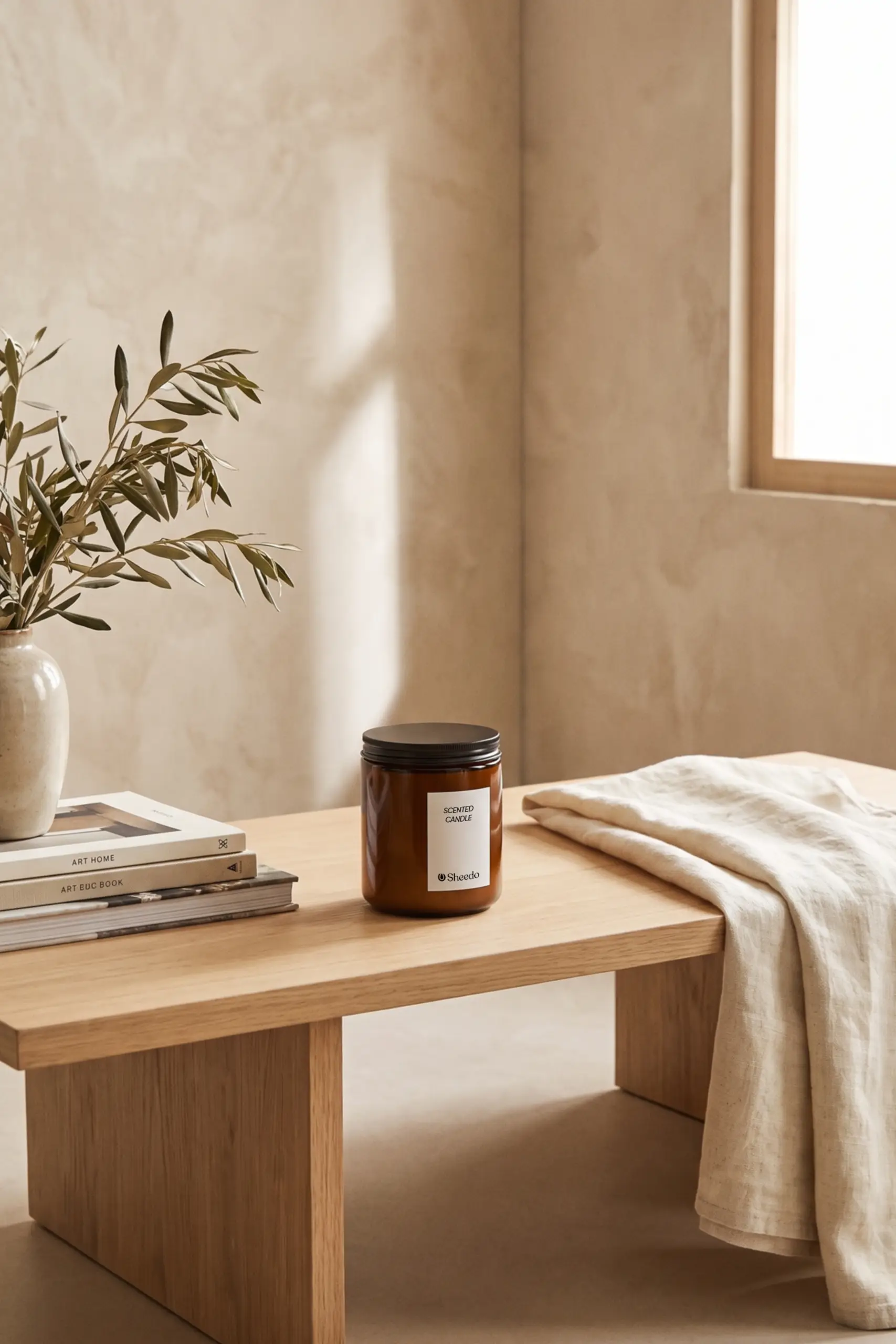 Vela ecológica de soja con logo Sheedo sobre una mesa de madera en un ambiente decorativo cálido, junto a libros y una rama de olivo.