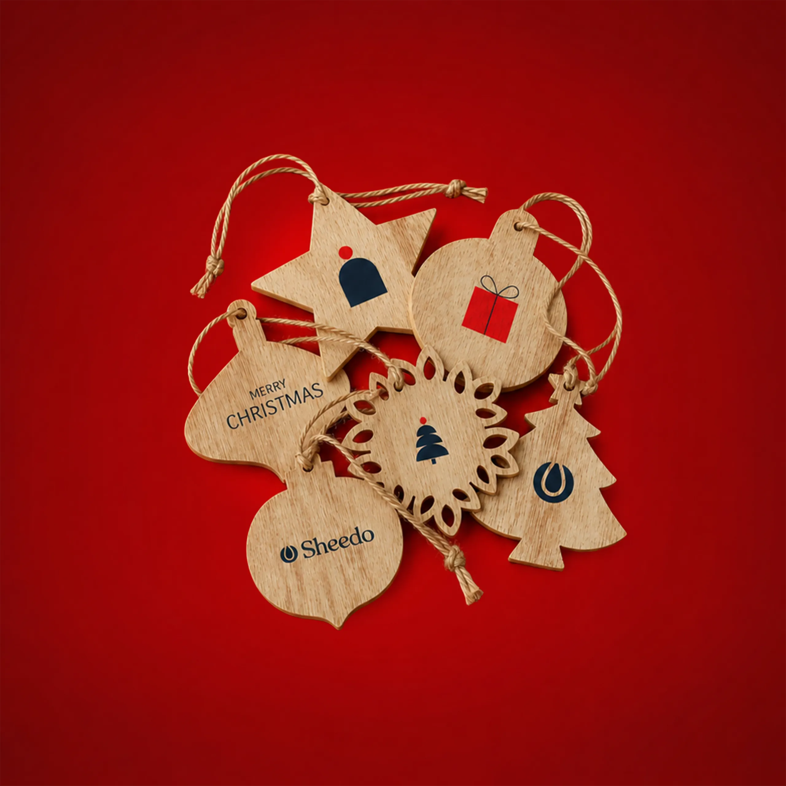 Set of seven personalised wooden Christmas ornaments in star, bauble, tree and snowflake shapes, with gold cord, on a red background, decorated with gift, hat and tree icons plus the "Sheedo" logo and the "Merry Christmas" message.