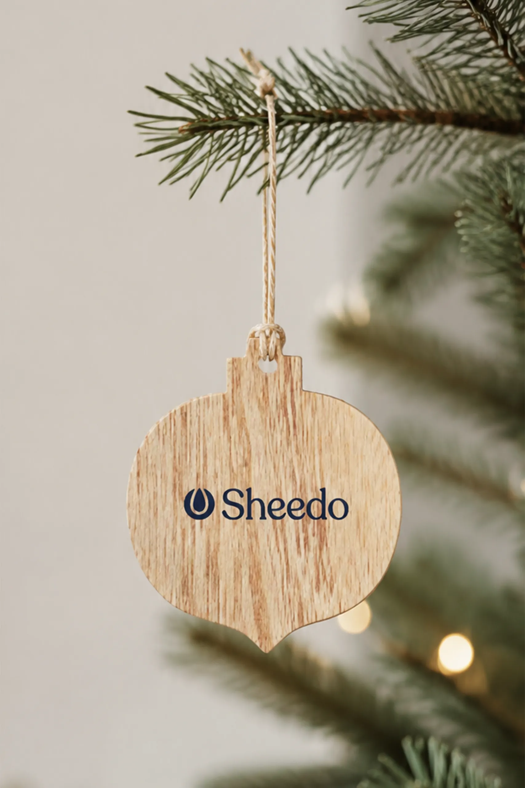 Close-up of a bauble-shaped wooden Christmas ornament engraved with the "Sheedo" logo, hanging from a branch of an illuminated Christmas tree.